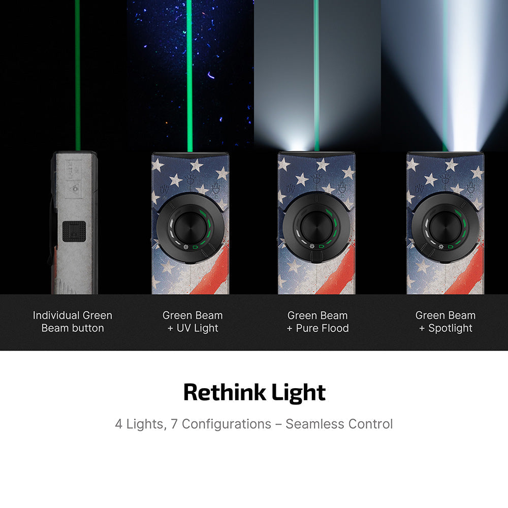 Olight ArkPro Stars & Stripes green laser, UV, flood and spotlight modes in use