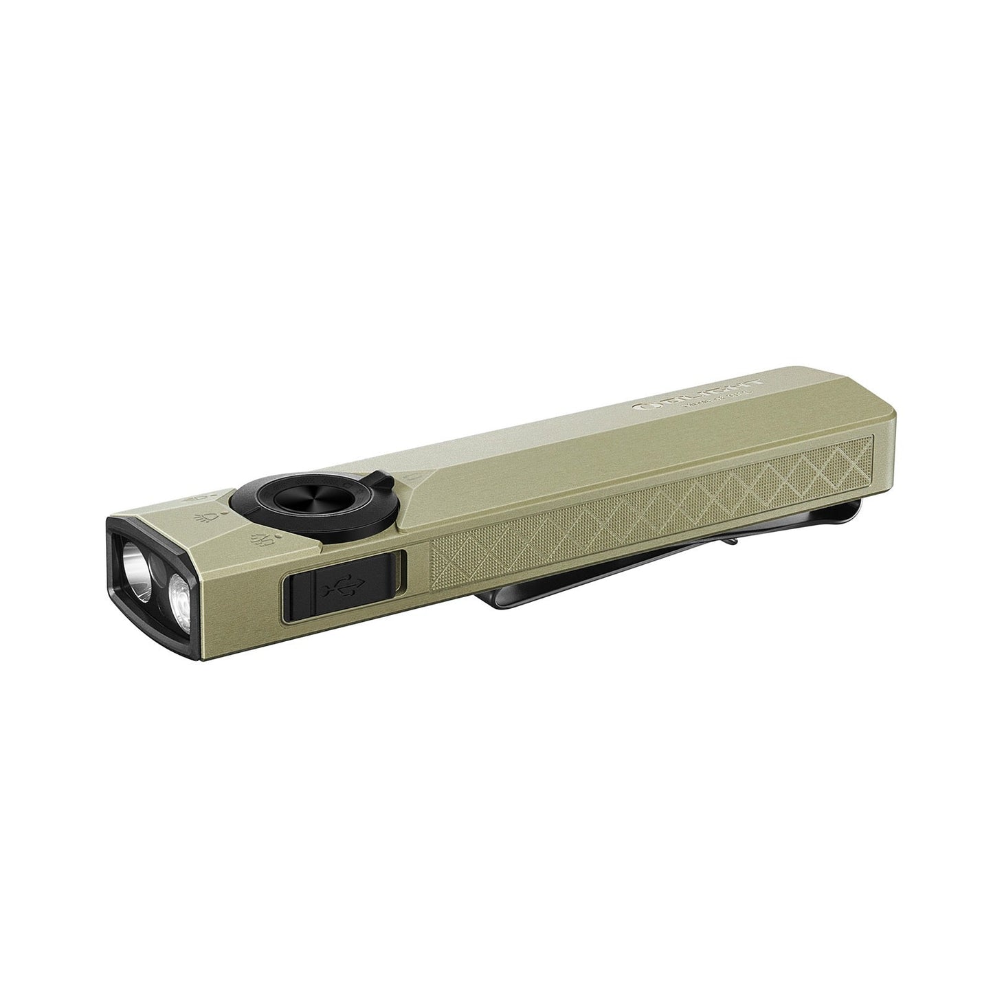 Olight ArkPro Ultra angled view – 1,700 lumen flat unibody EDC flashlight with flood, spot, UV and green laser
