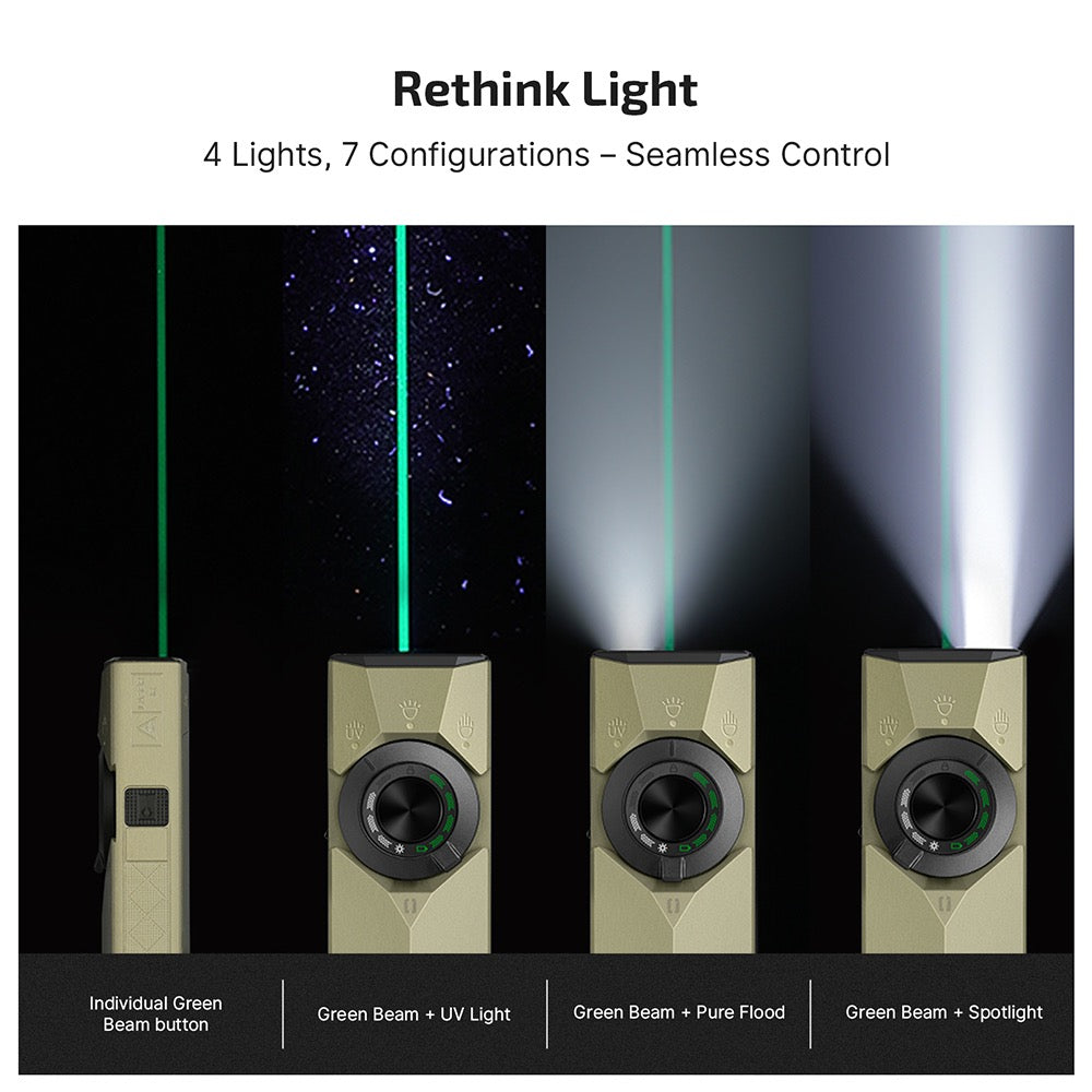 Olight ArkPro Ultra four light sources and seven configurations – green beam, UV light, pure flood and spotlight combinations