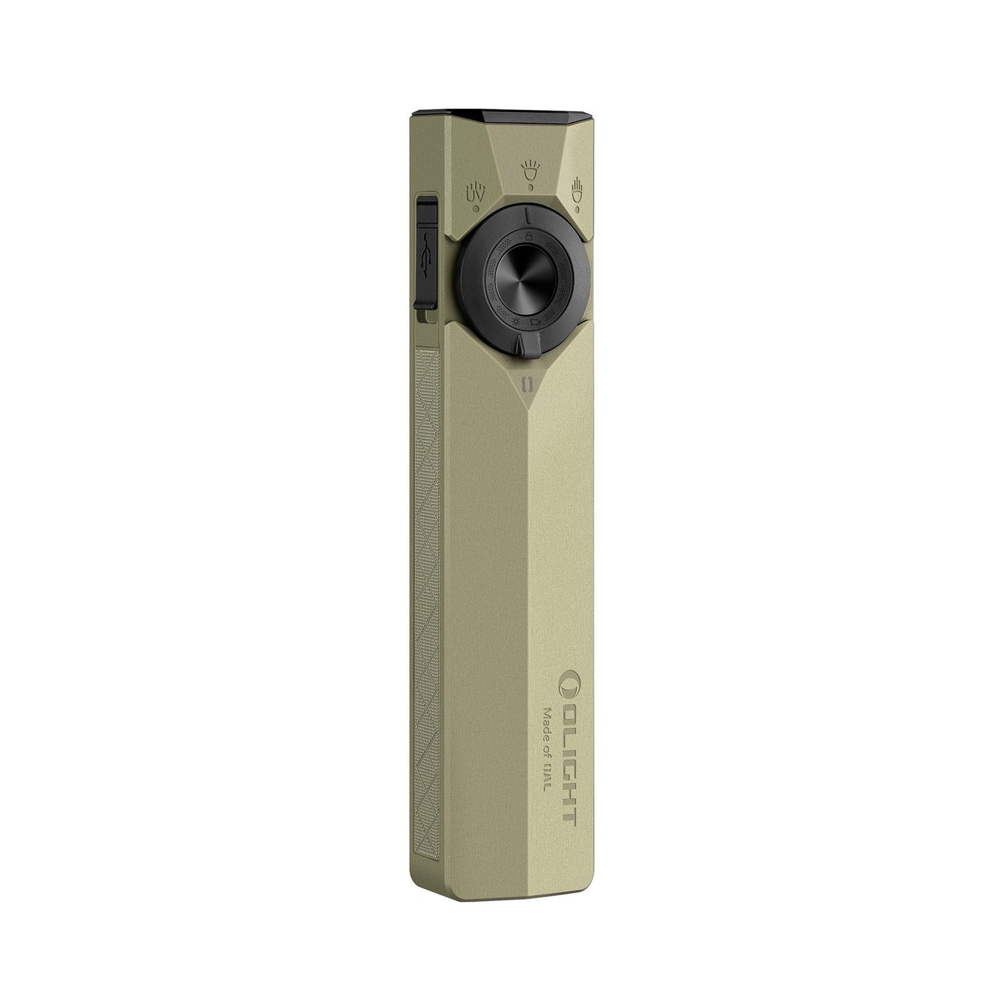 Olight ArkPro Ultra front view showing the rotary selector and flat unibody design