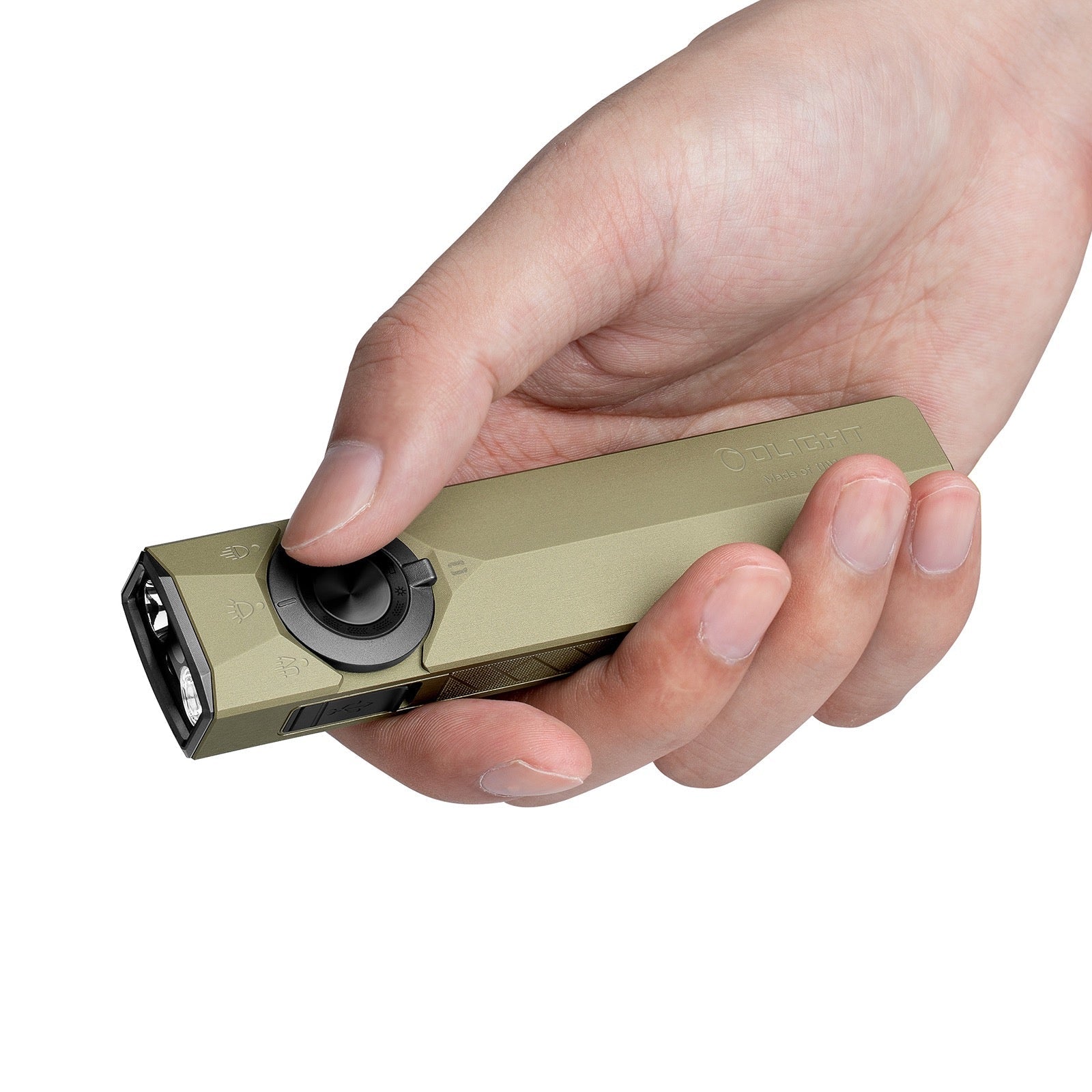 Olight ArkPro Ultra held in hand showing its flat EDC profile and thumb-reach selector