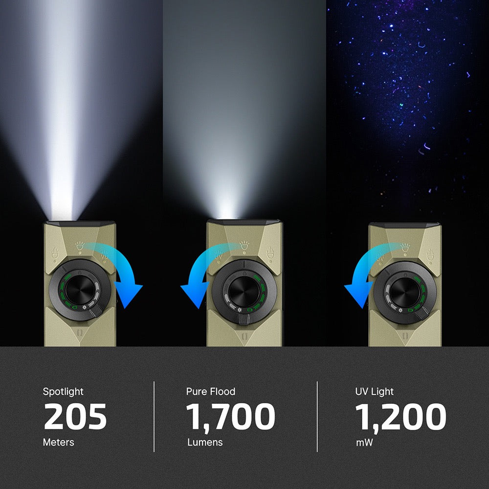 Olight ArkPro Ultra outputs – 205 meter spotlight throw, 1,700 lumen pure flood and 1,200 mW UV light