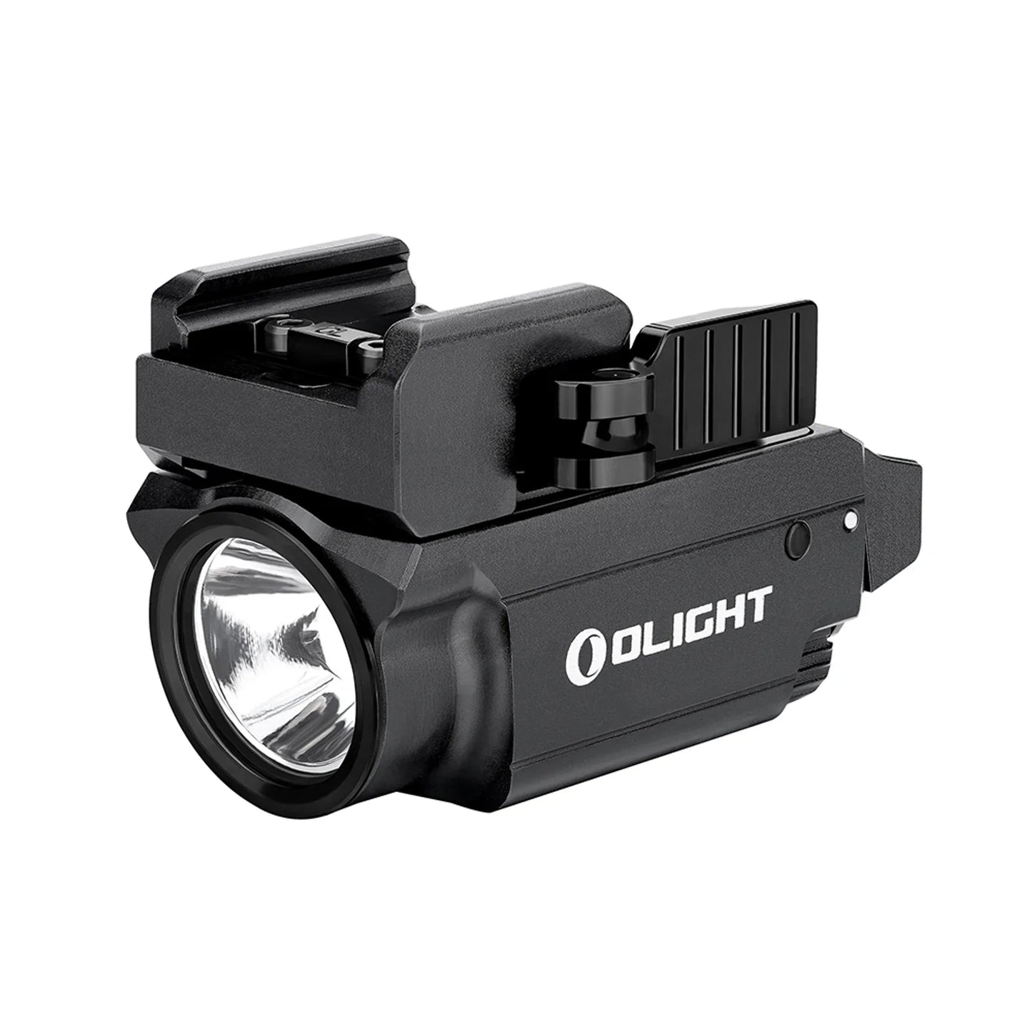 Olight Baldr Mini Black angled view showing the TIR optic and rail mount