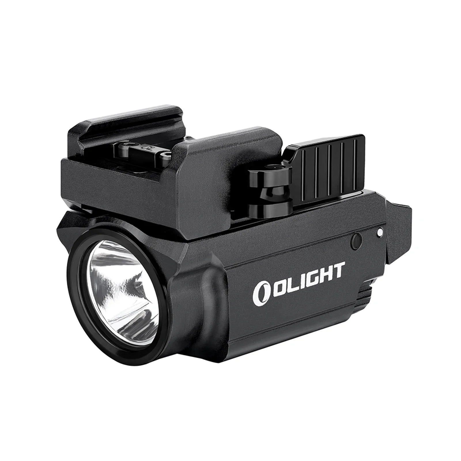 Olight Baldr Mini Black angled view showing the TIR optic and rail mount