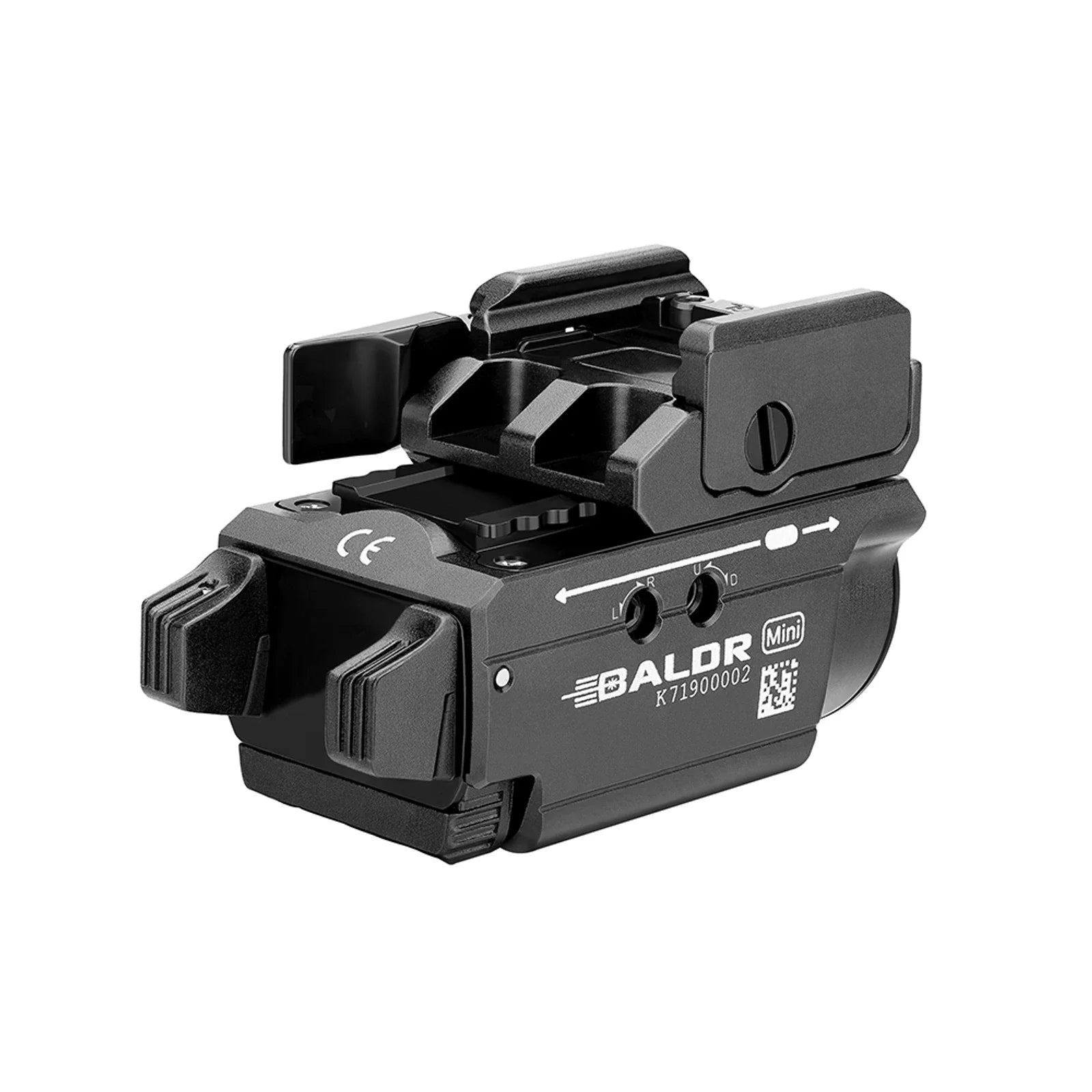 Olight Baldr Mini Black rear angled view showing the dual rear switches