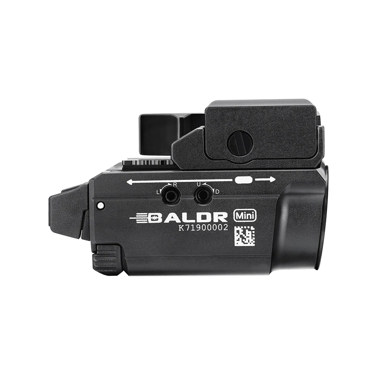 Olight Baldr Mini Black side profile view showing the Baldr Mini marking