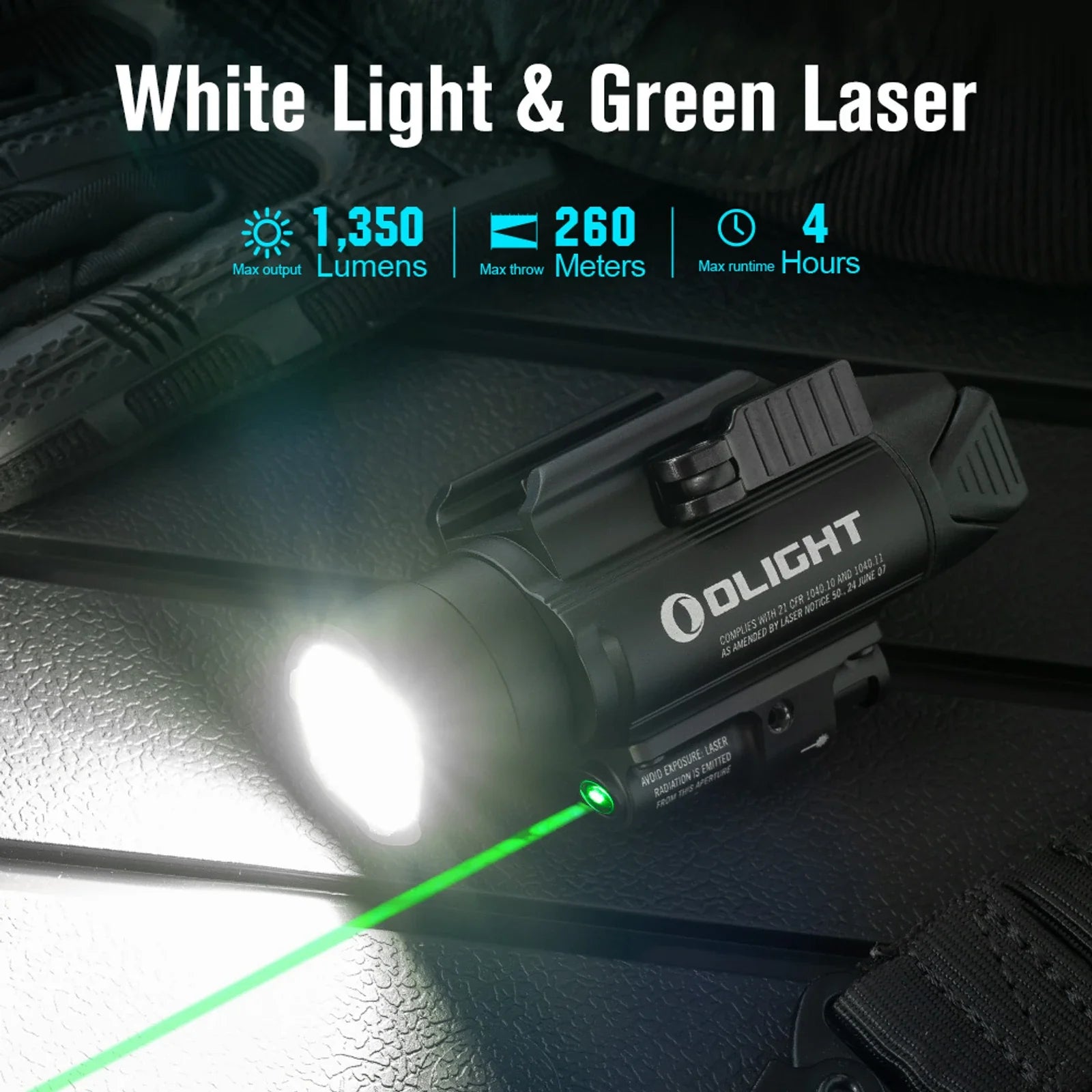 Olight Baldr Pro white light and green laser – 1,350 lumens, 260 meter beam distance and 4 hour runtime