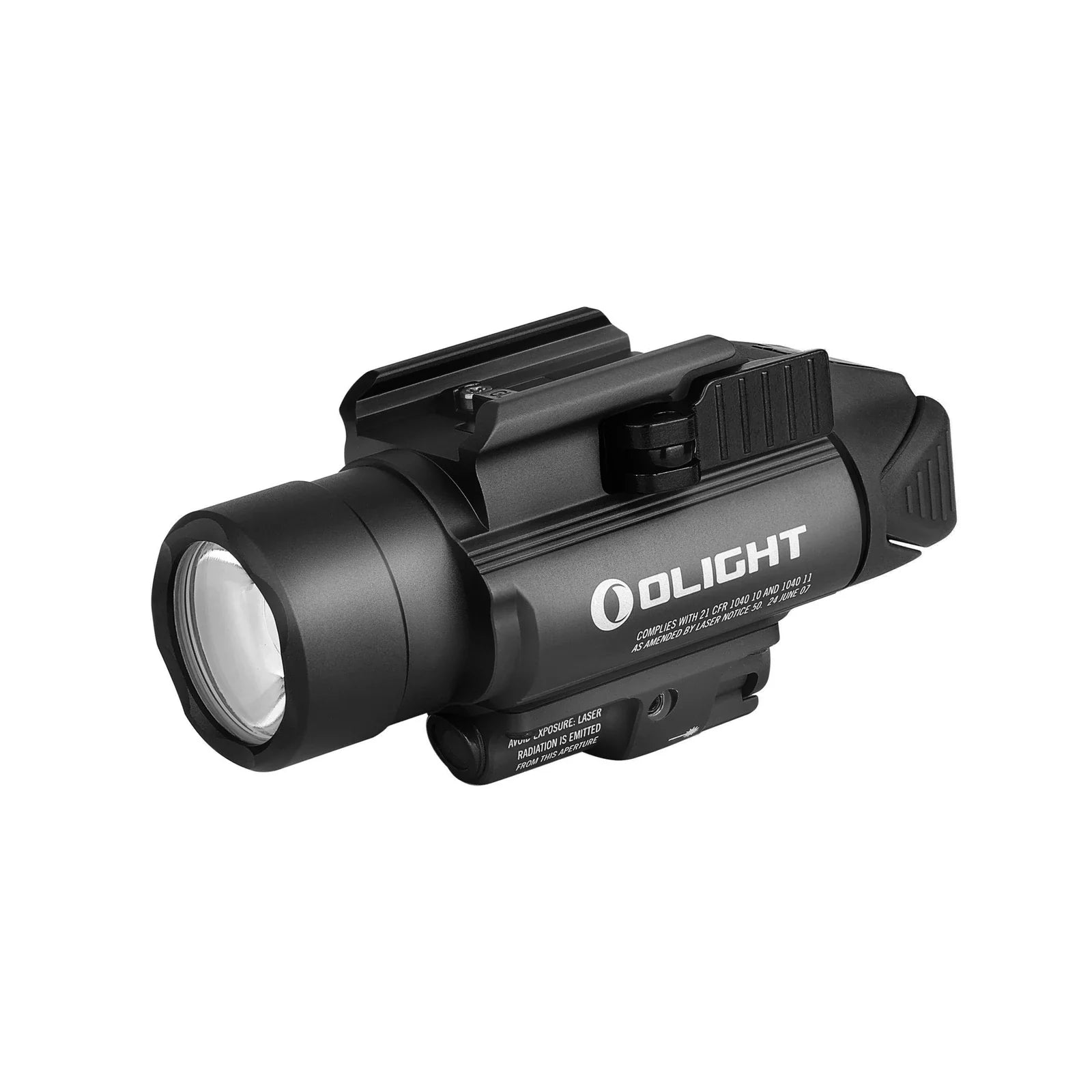 Olight Baldr Pro Black angled view showing the TIR optic and rail mount