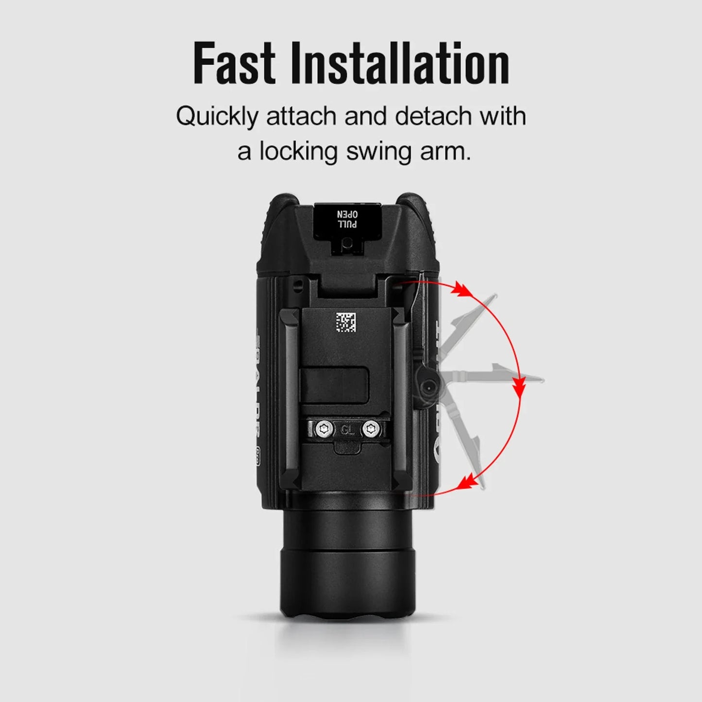 Olight Baldr Pro fast installation – quickly attach and detach with a locking swing arm