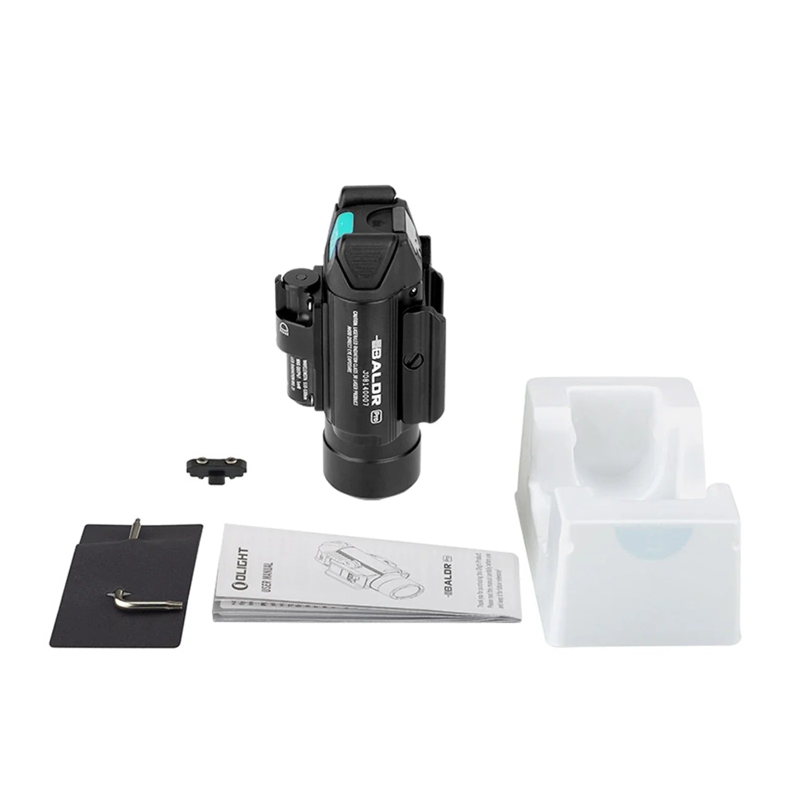 Olight Baldr Pro Black package contents – pistol light, retail box, rail adapters, hex key and CR123A batteries