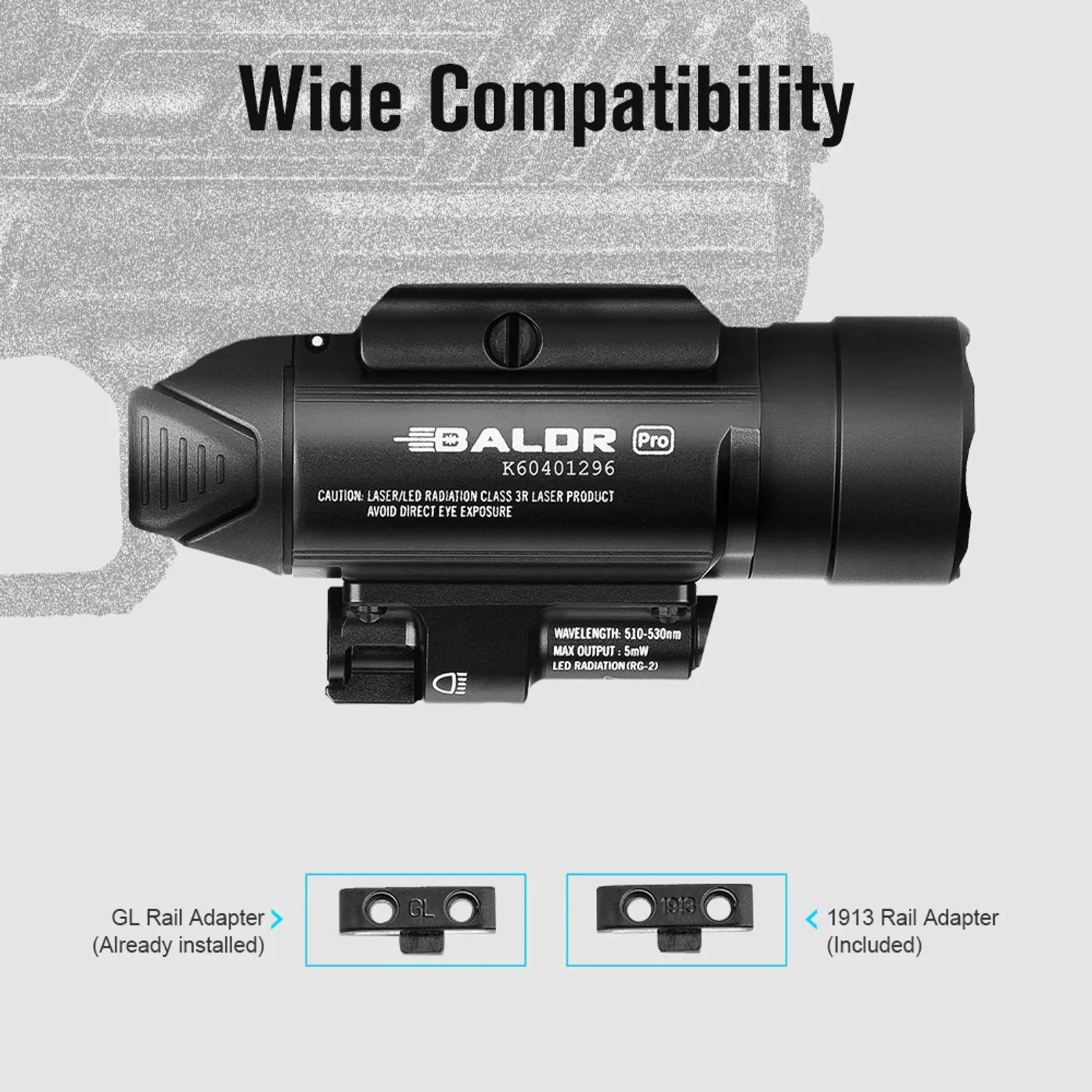 Olight Baldr Pro wide compatibility with GL rail adapter and 1913 Picatinny rail adapter
