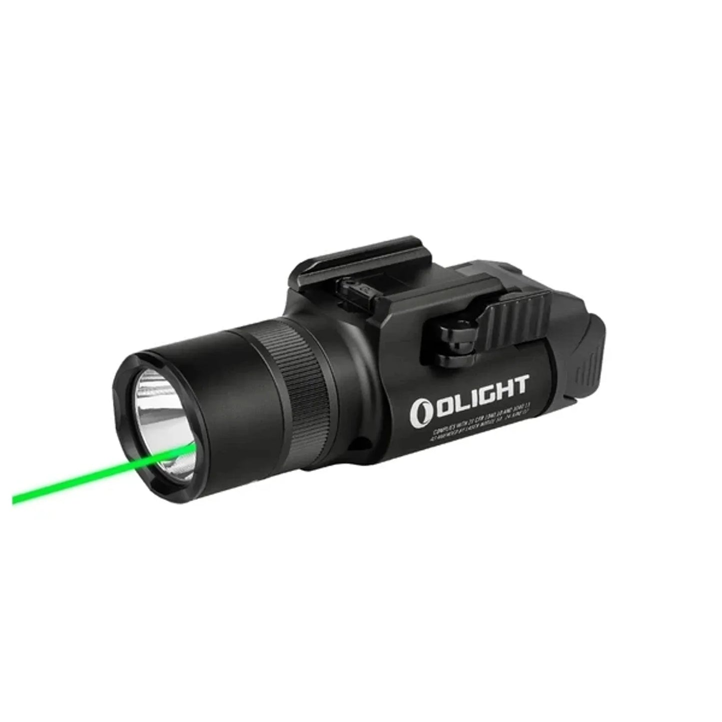 Olight Baldr Pro R Black angled view with the green laser active