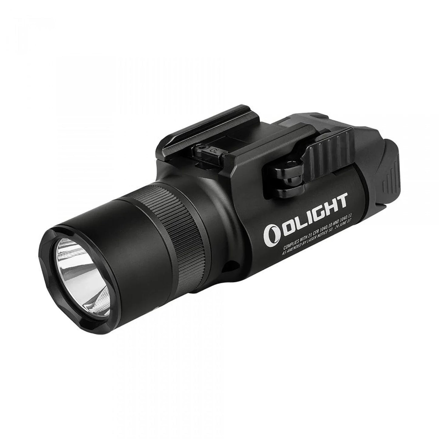 Olight Baldr Pro R Black angled view showing the mode selector ring and rail mount