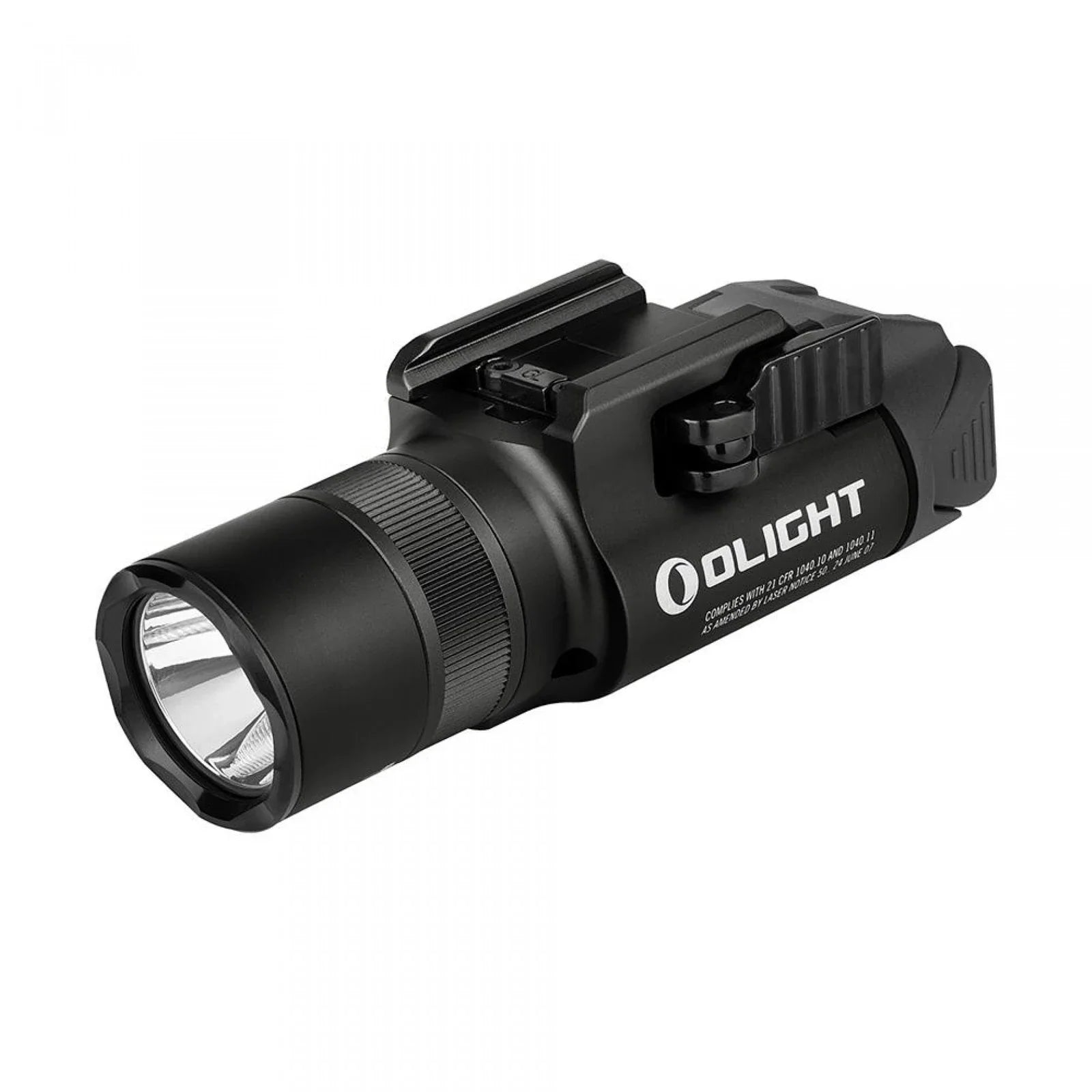 Olight Baldr Pro R Black angled view showing the mode selector ring and rail mount