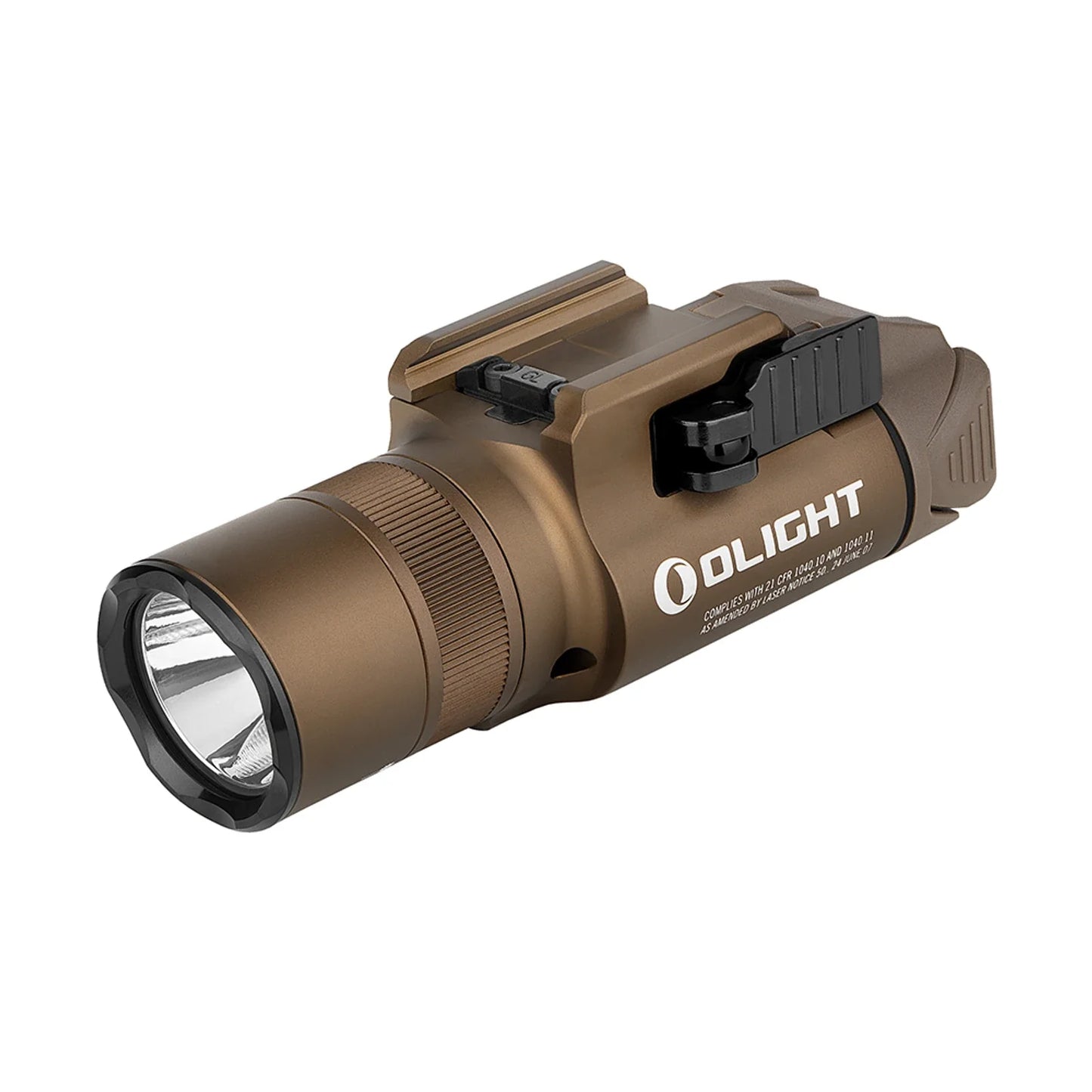 Olight Baldr Pro R Desert Tan angled view showing the mode selector ring and rail mount