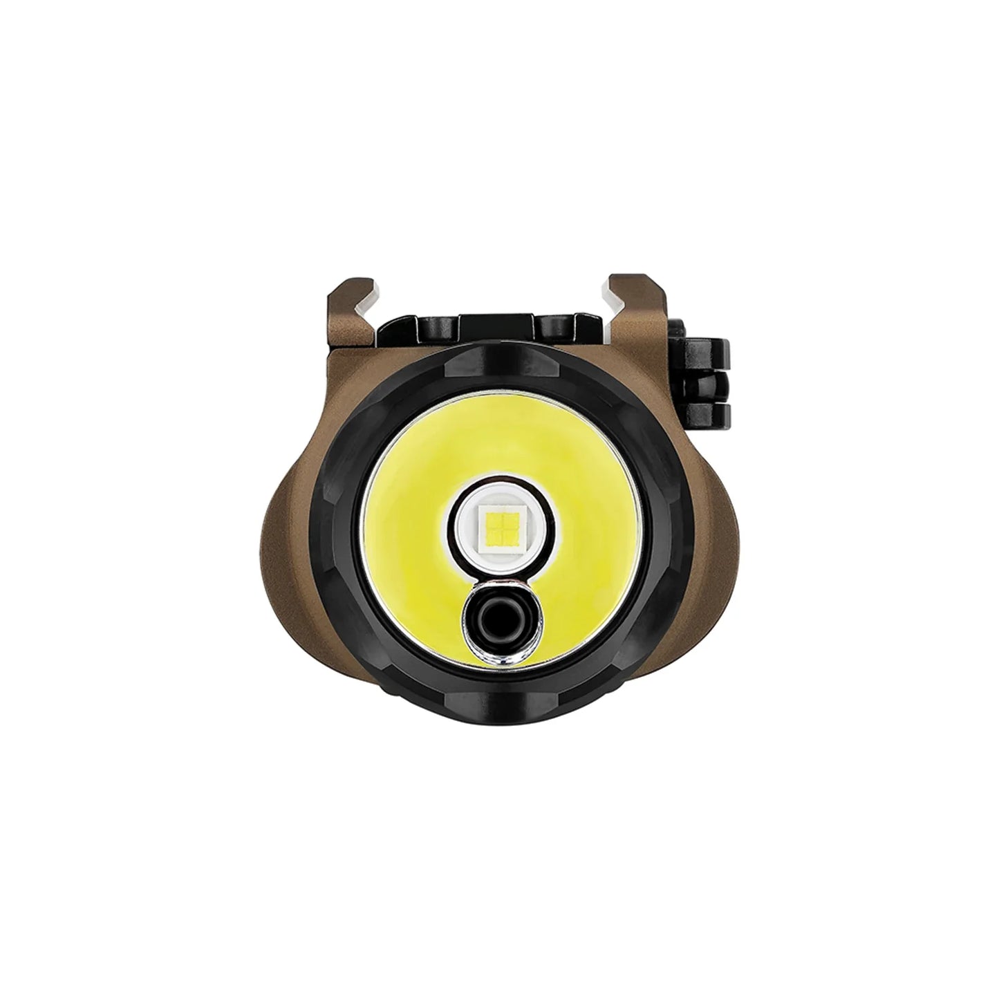 Olight Baldr Pro R Desert Tan front view showing the TIR optic and green laser aperture