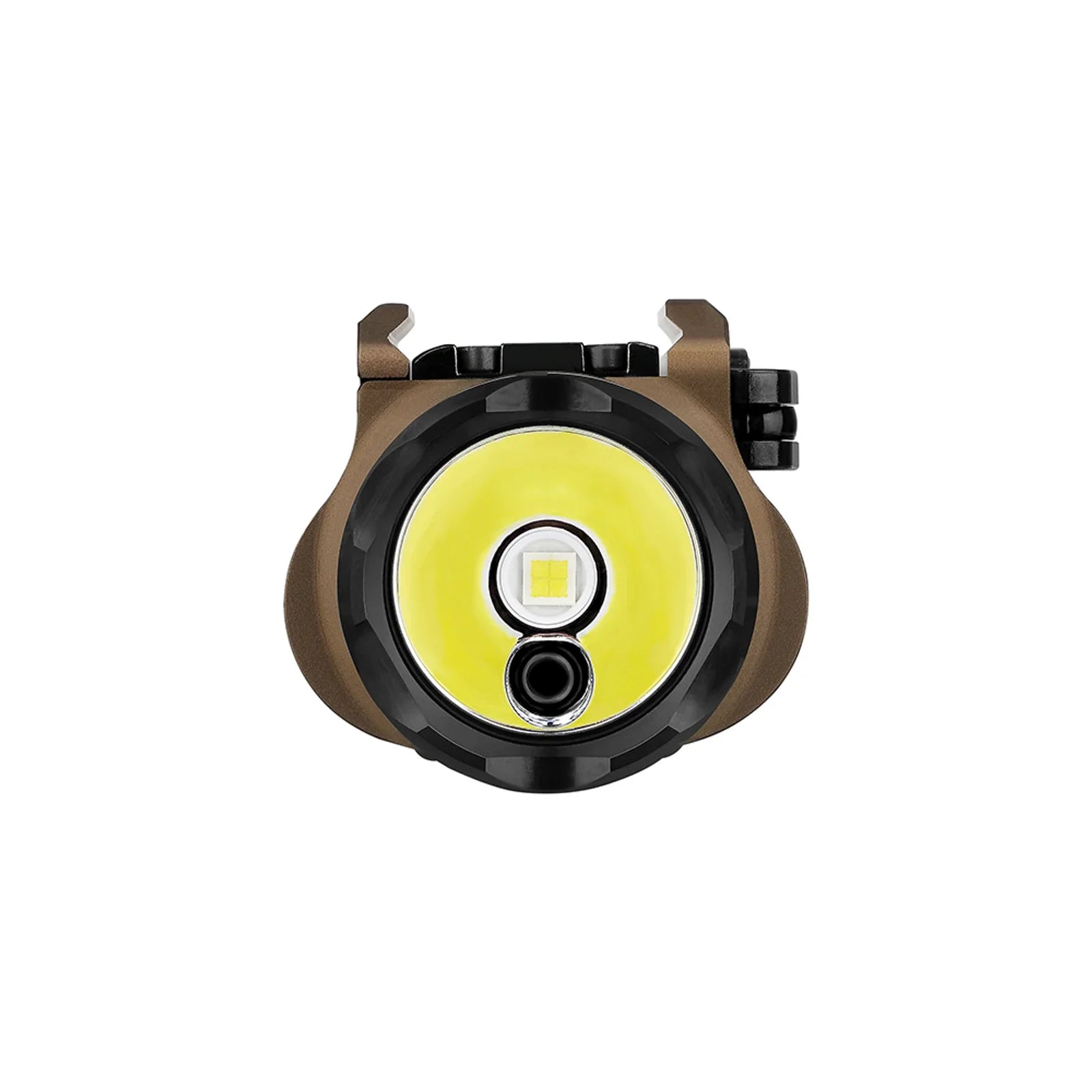 Olight Baldr Pro R Desert Tan front view showing the TIR optic and green laser aperture