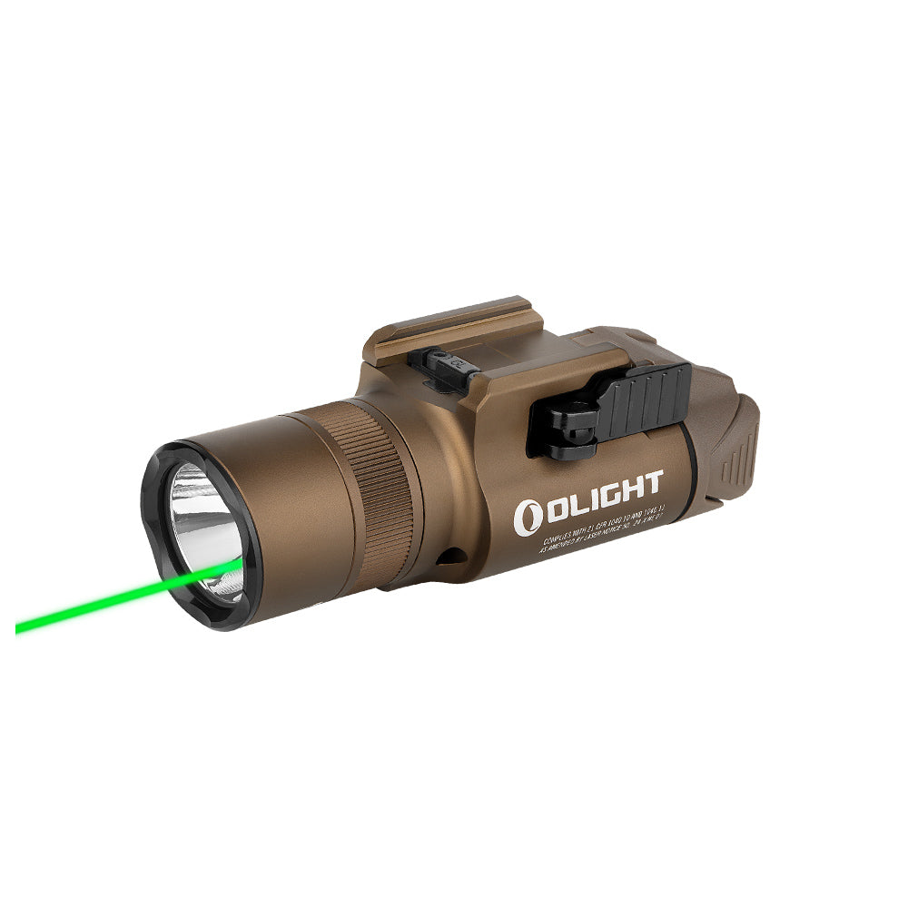 Olight Baldr Pro R Desert Tan – 1,350 lumen pistol light with green laser and magnetic charging