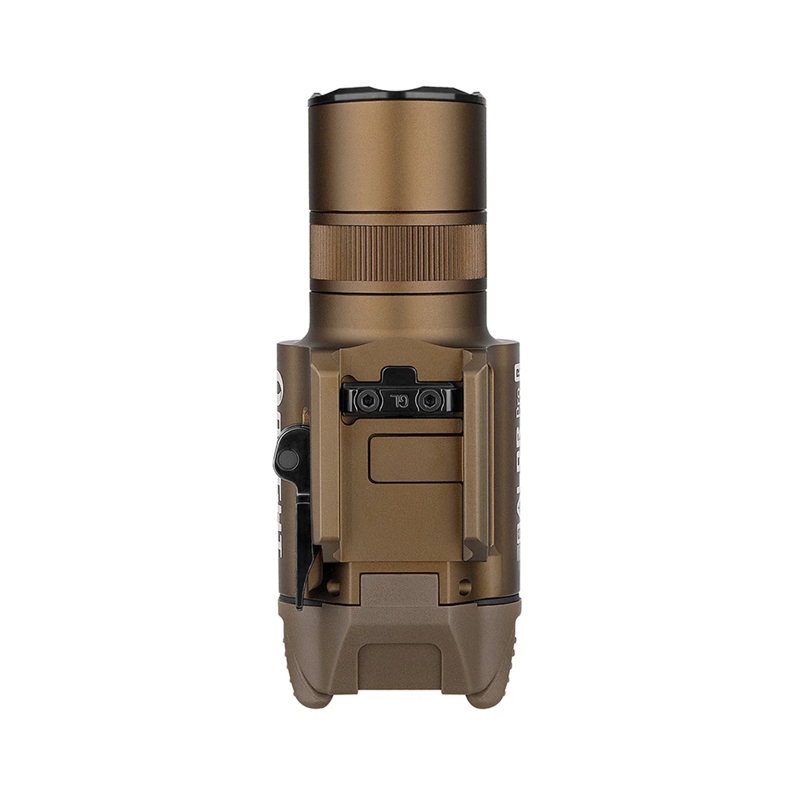 Olight Baldr Pro R Desert Tan rear view showing the dual ambidextrous switches