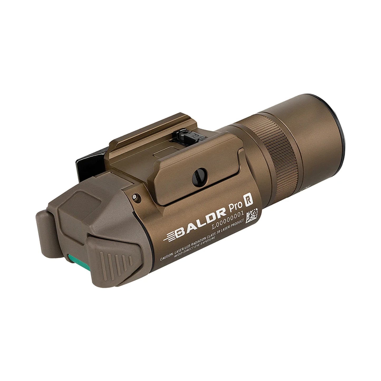 Olight Baldr Pro R Desert Tan side profile view showing the Baldr Pro R marking