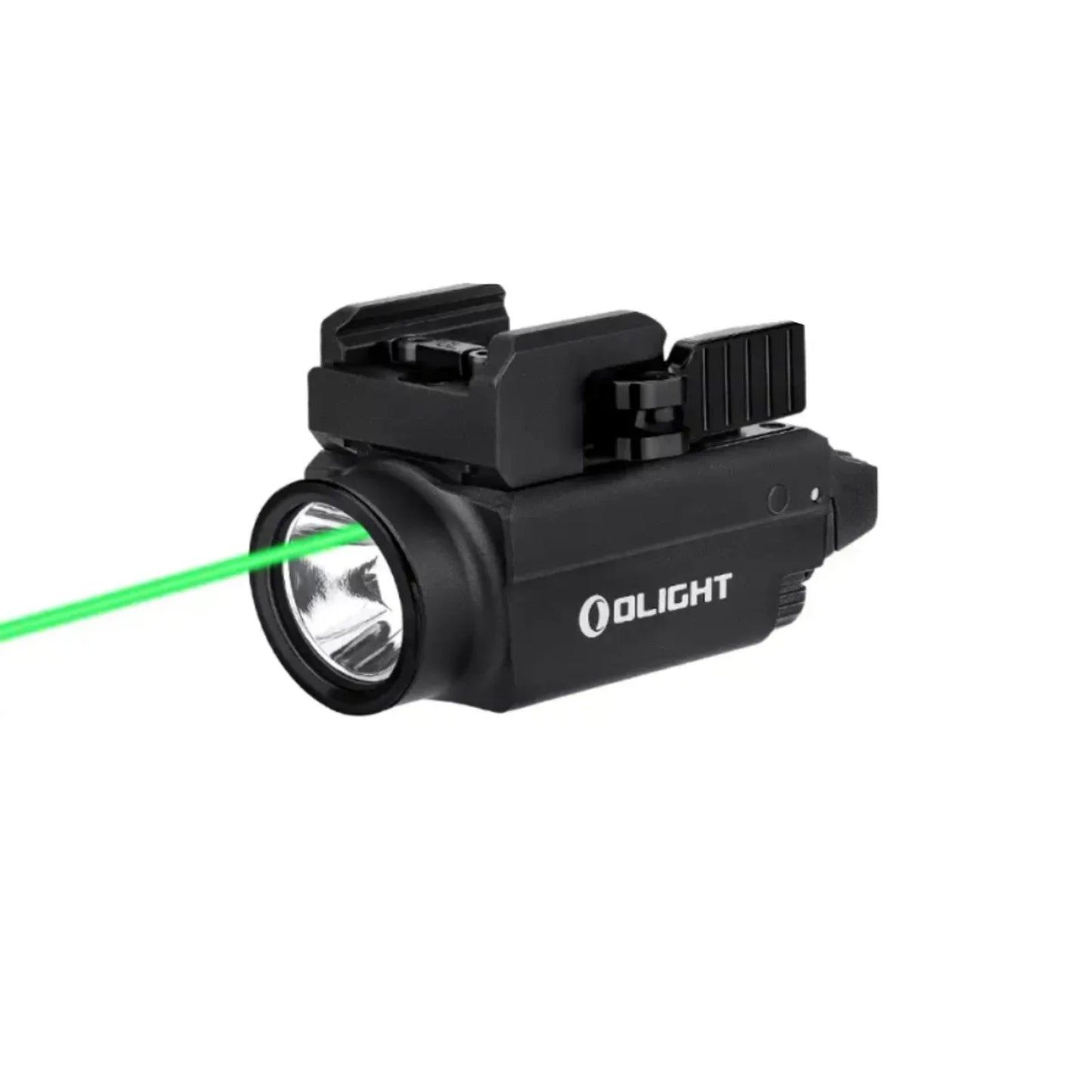 Olight Baldr S Black angled view with the green laser active