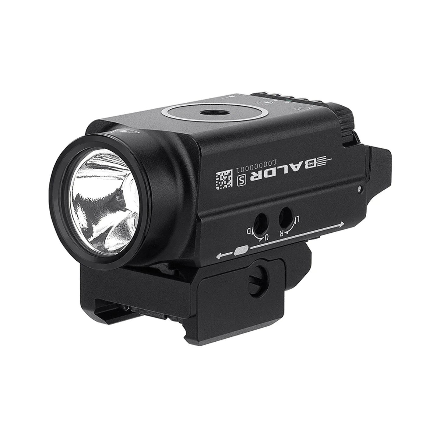 Olight Baldr S Black front view showing the TIR optic and green laser aperture