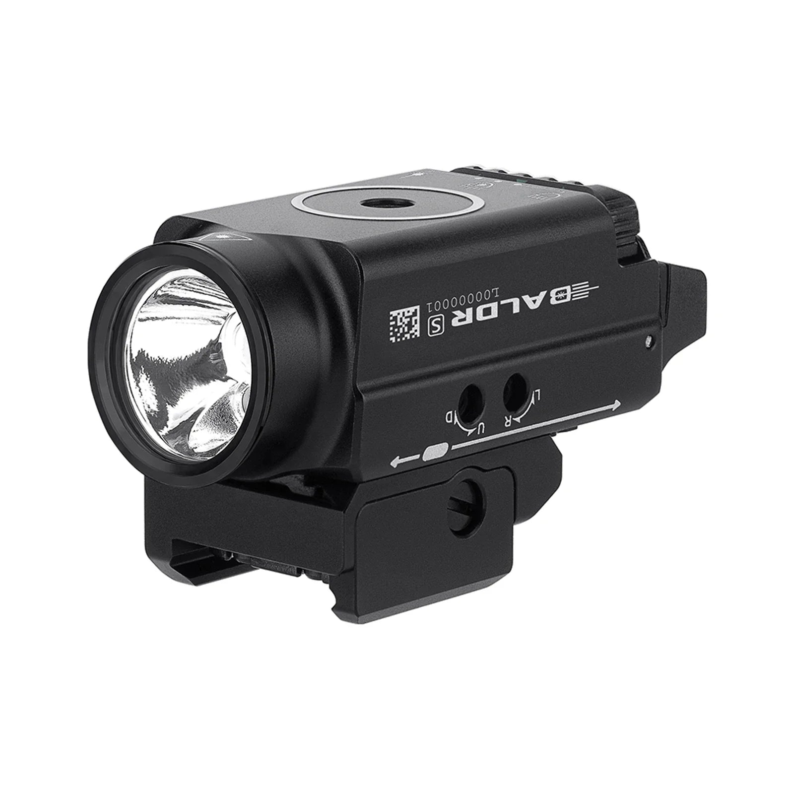 Olight Baldr S Black front view showing the TIR optic and green laser aperture