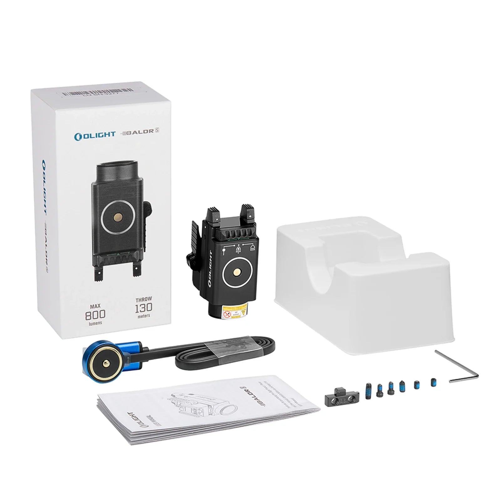 Olight Baldr S Black package contents – pistol light, retail box, rail adapters, hex key and magnetic charging cable