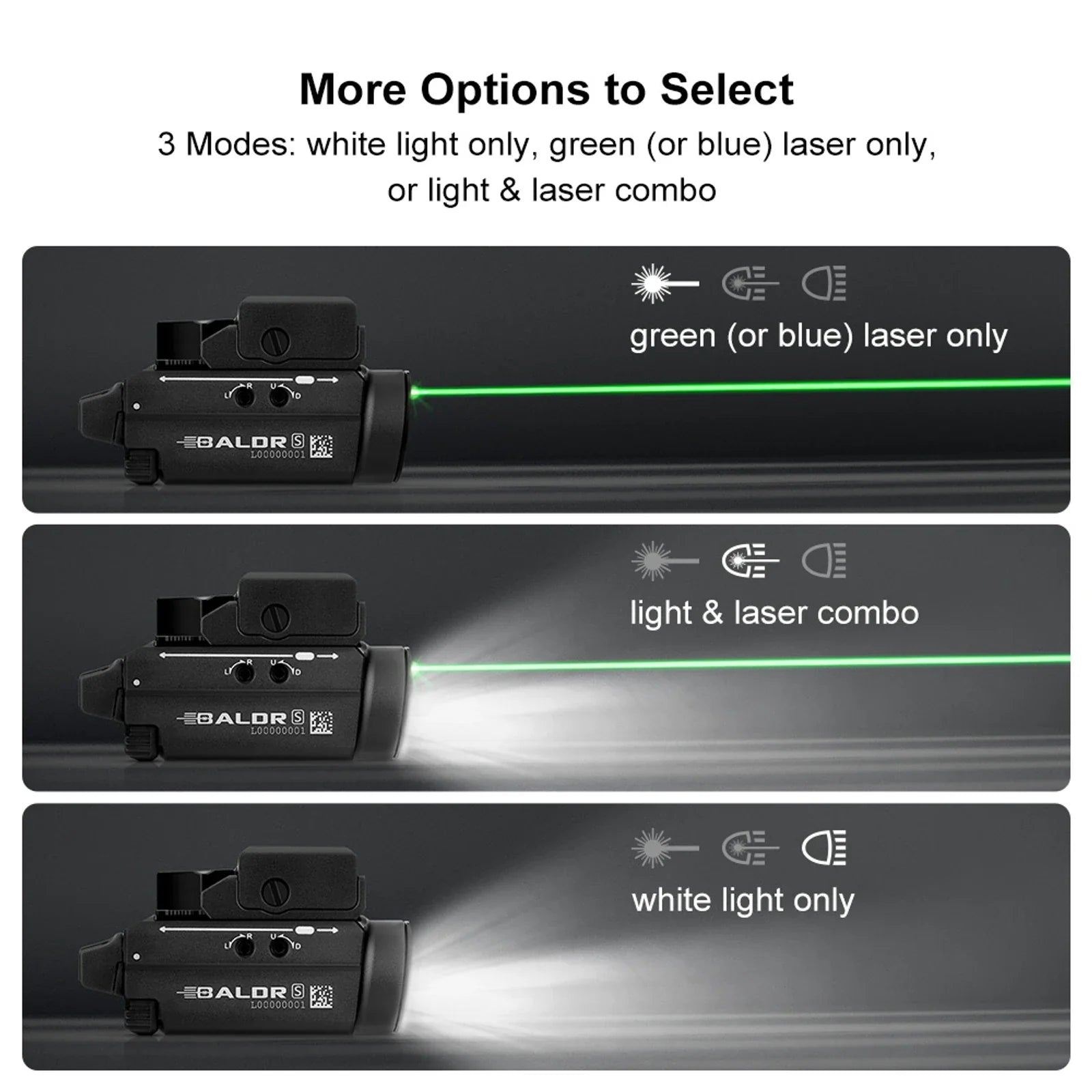 Olight Baldr S three output modes – green laser only, light and laser combo, or white light only
