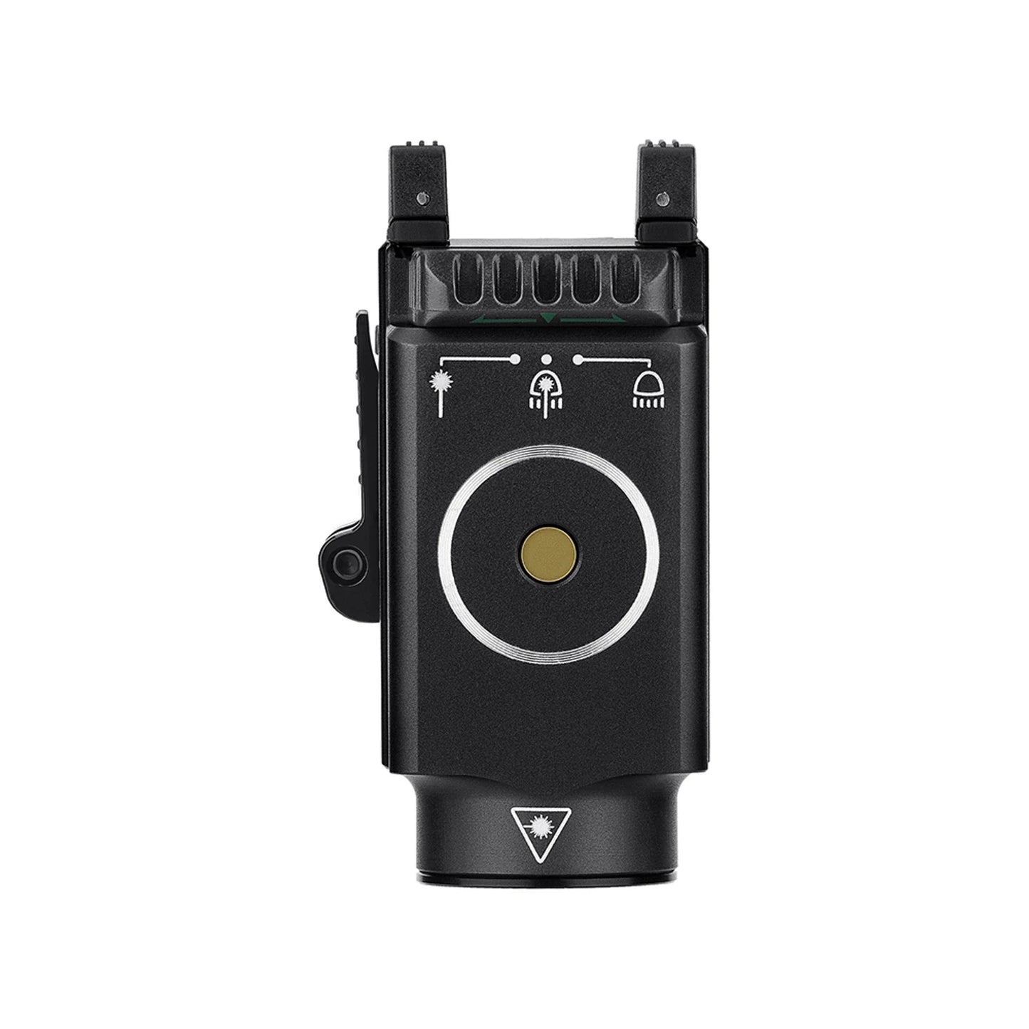 Olight Baldr S Black top view showing the adjustable sliding rail mount