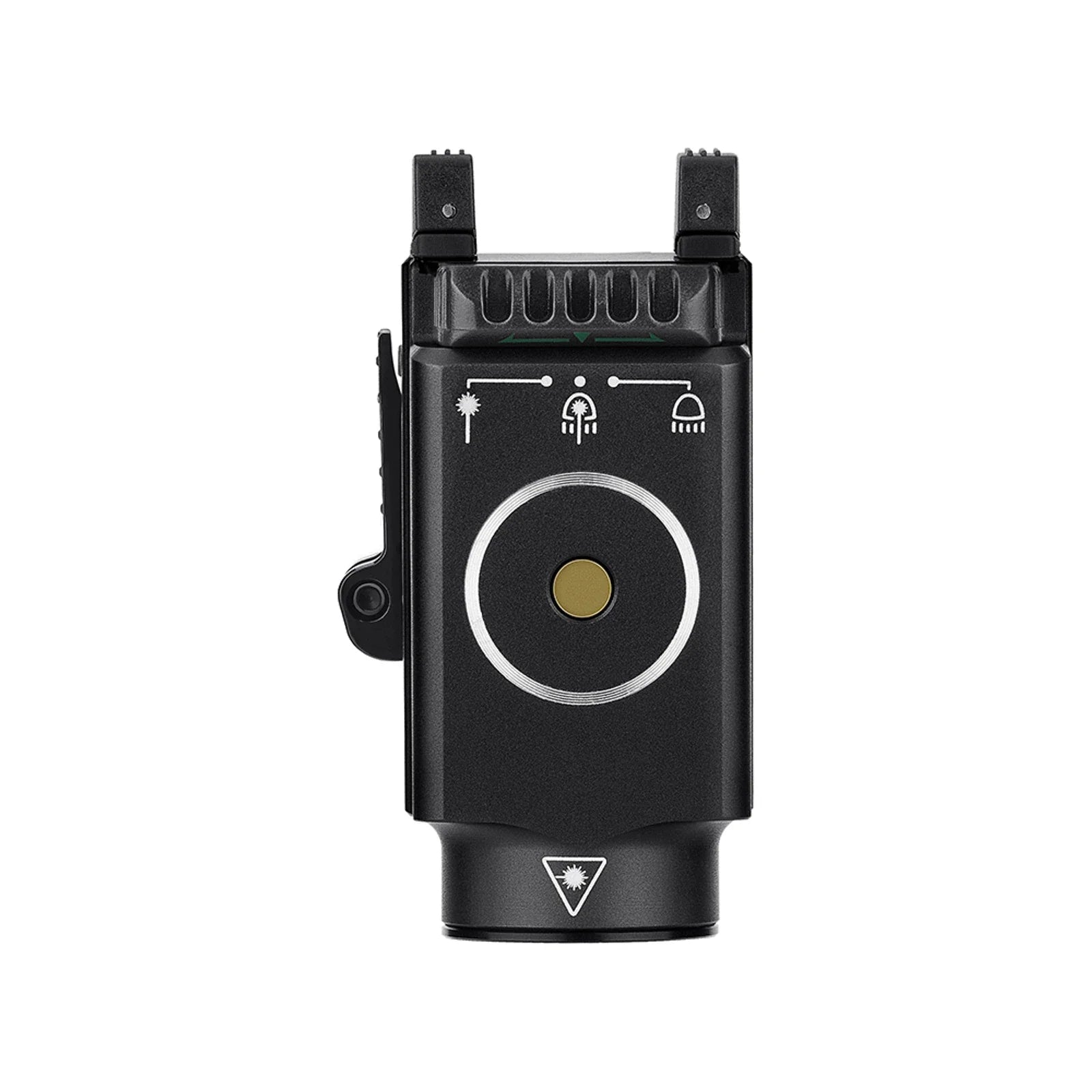 Olight Baldr S Black top view showing the adjustable sliding rail mount