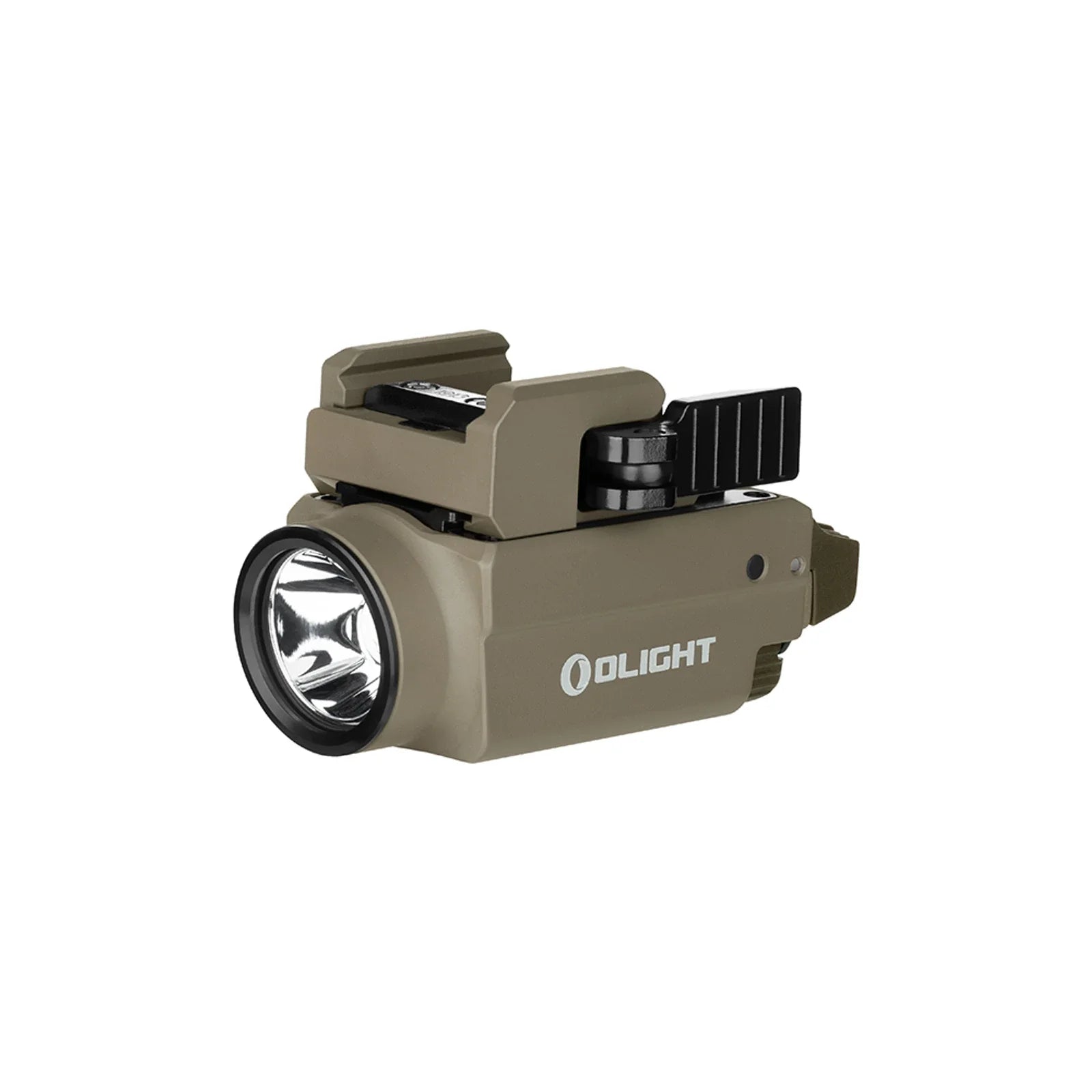 Olight Baldr S Desert Tan angled view showing the rail mount and green laser aperture