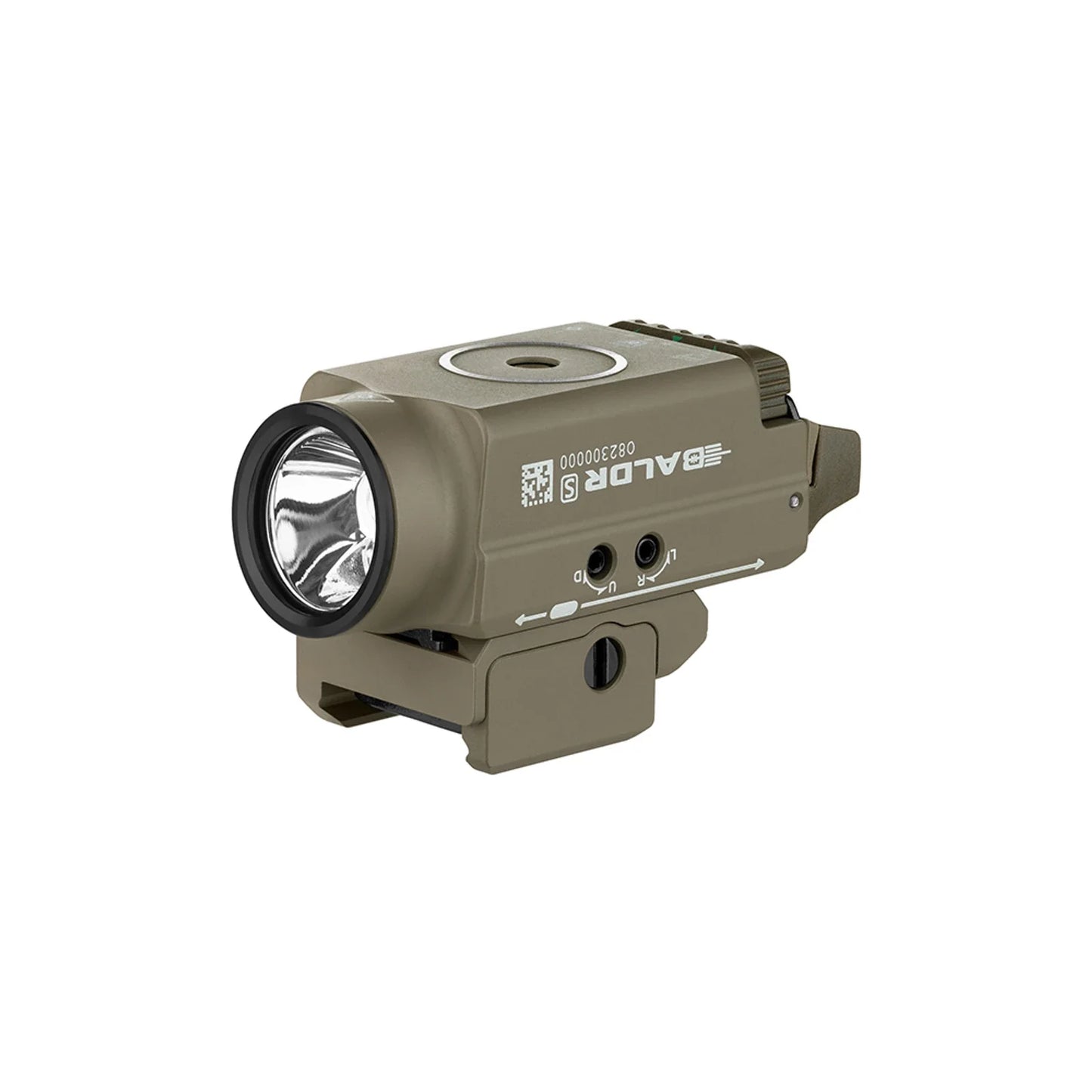 Olight Baldr S Desert Tan front view showing the TIR optic and green laser aperture