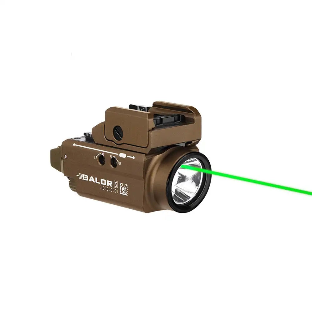 Olight Baldr S Desert Tan – 800 lumen pistol light with green laser and magnetic charging
