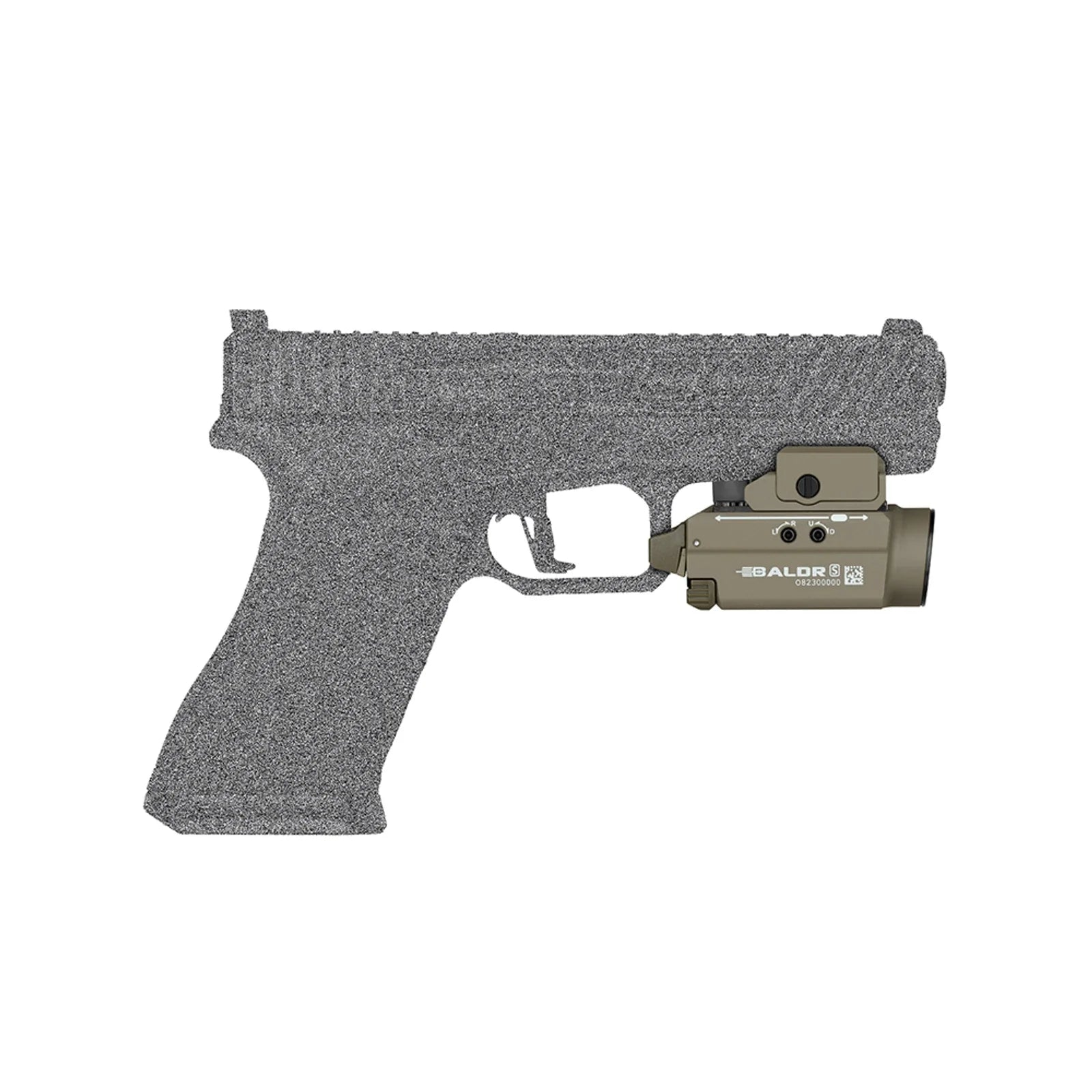Olight Baldr S Desert Tan mounted on a pistol rail