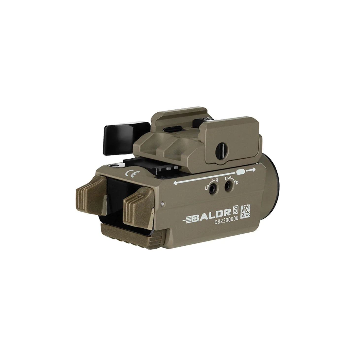 Olight Baldr S Desert Tan rear angled view showing the ambidextrous switches