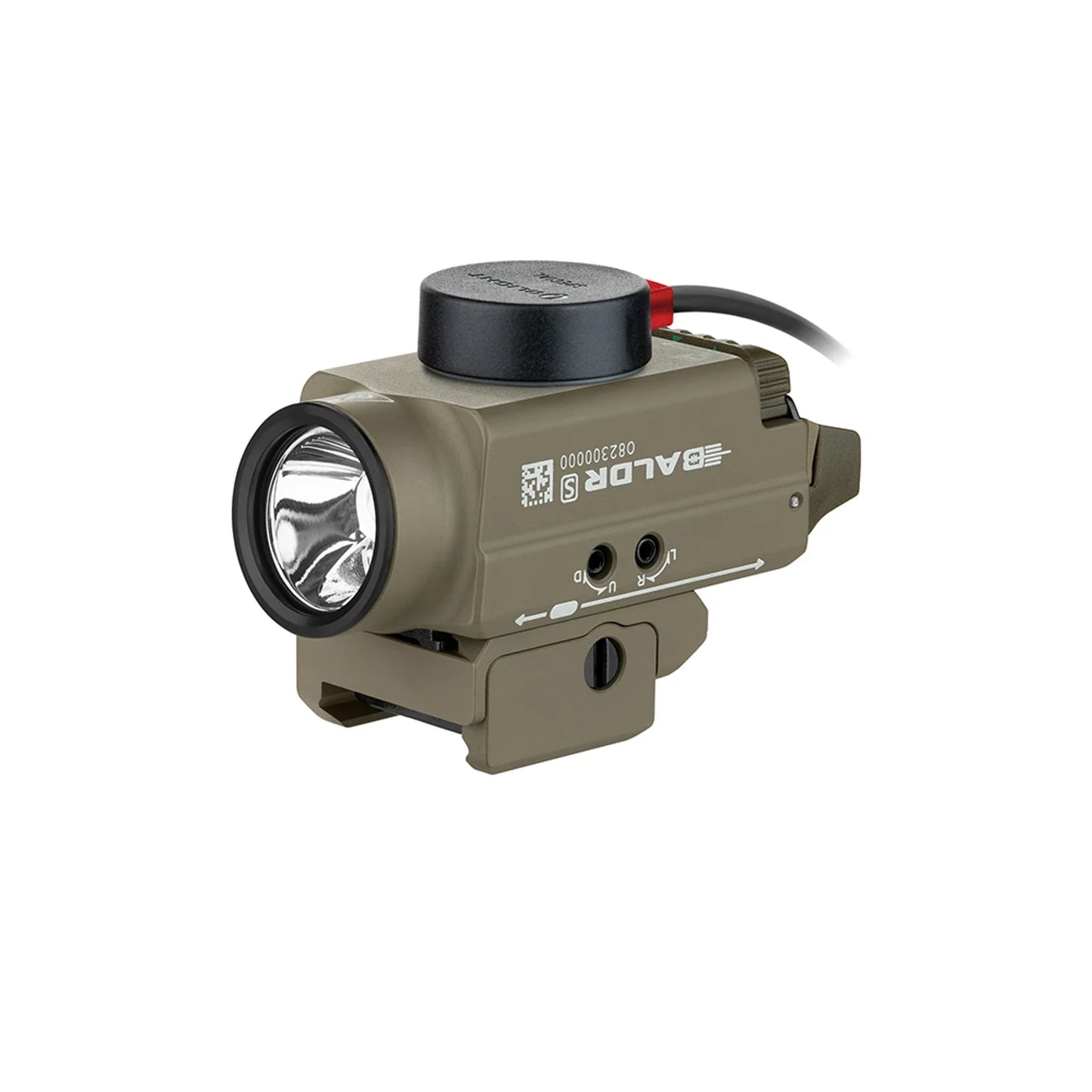 Olight Baldr S Desert Tan rear view showing the dual ambidextrous switches