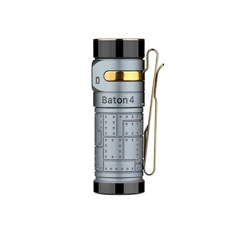 Olight Baton 4 Fighter Pilot upright side view showing Baton 4 engraving and gold pocket clip