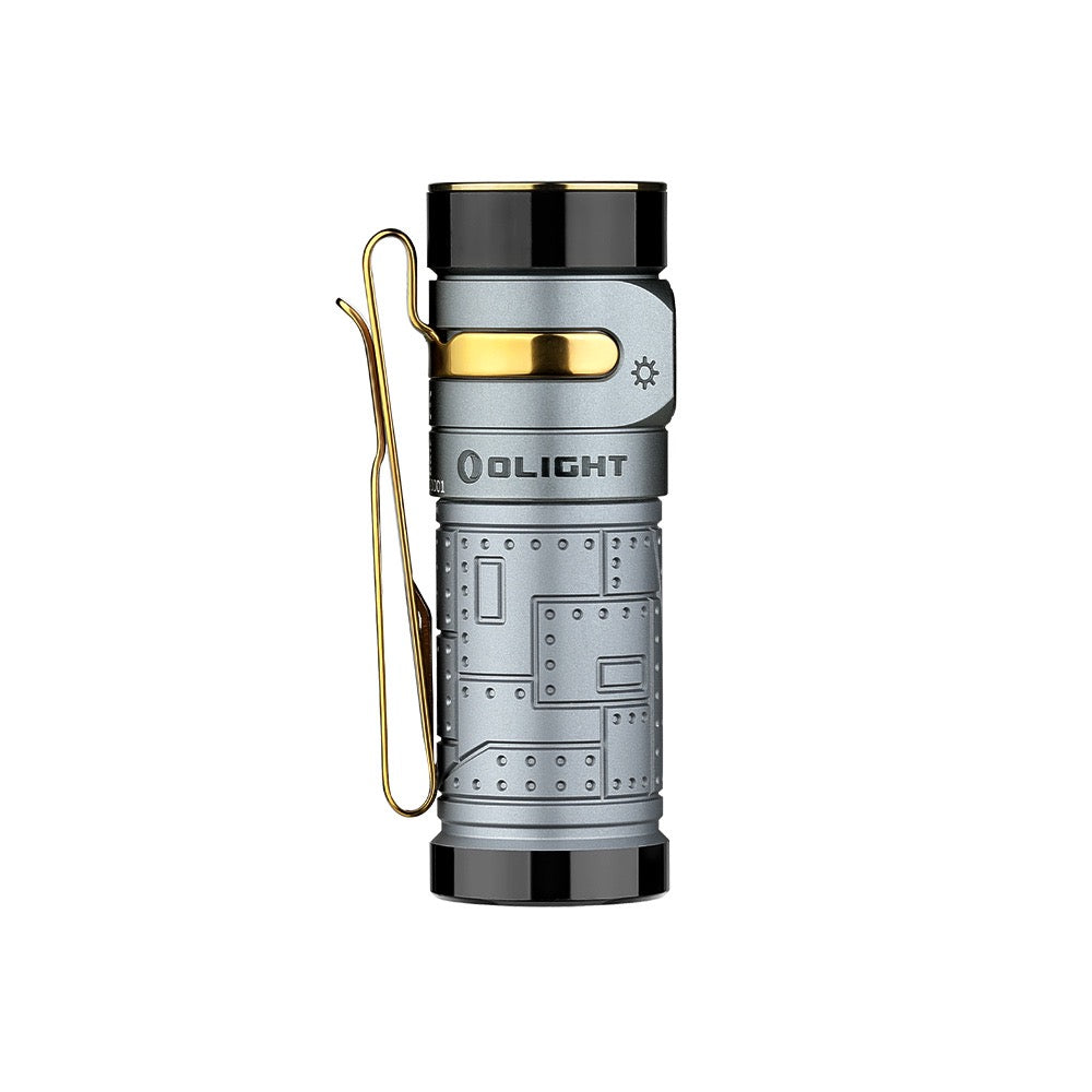 Olight Baton 4 Fighter Pilot upright side view showing Olight branding and metal side switch