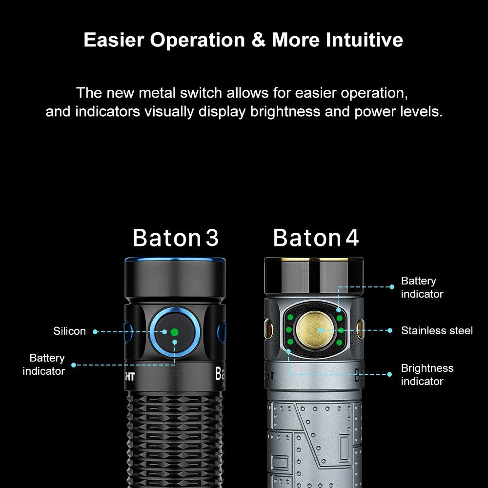Olight Baton 4 metal switch compared to Baton 3, showing stainless steel switch, battery indicator and brightness indicator
