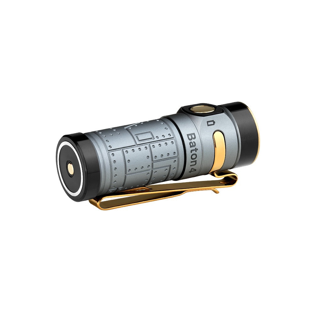 Olight Baton 4 Fighter Pilot angled rear view showing magnetic tailcap and Baton 4 engraving