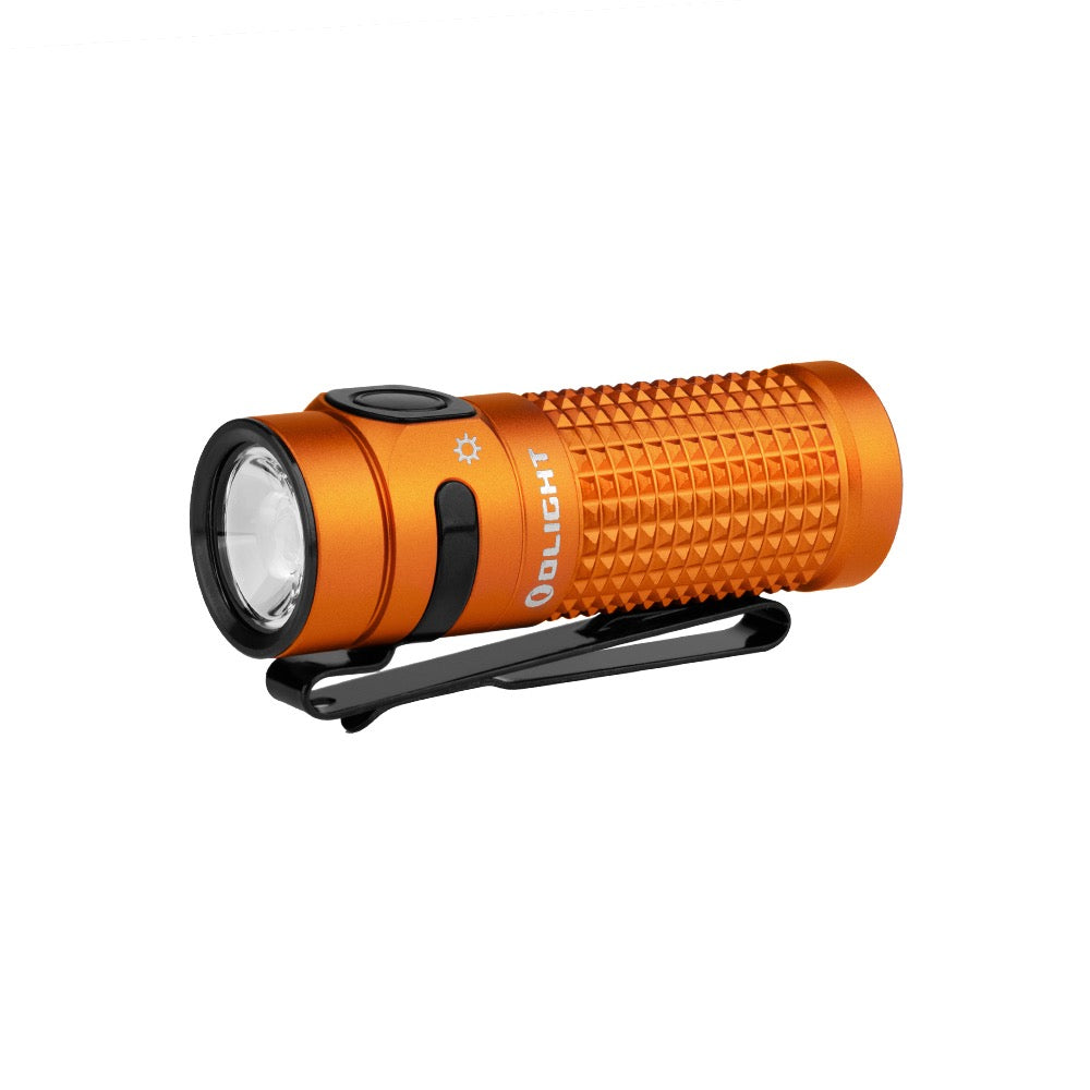 Olight Baton 4 Orange angled view showing TIR lens, metal side switch and pocket clip