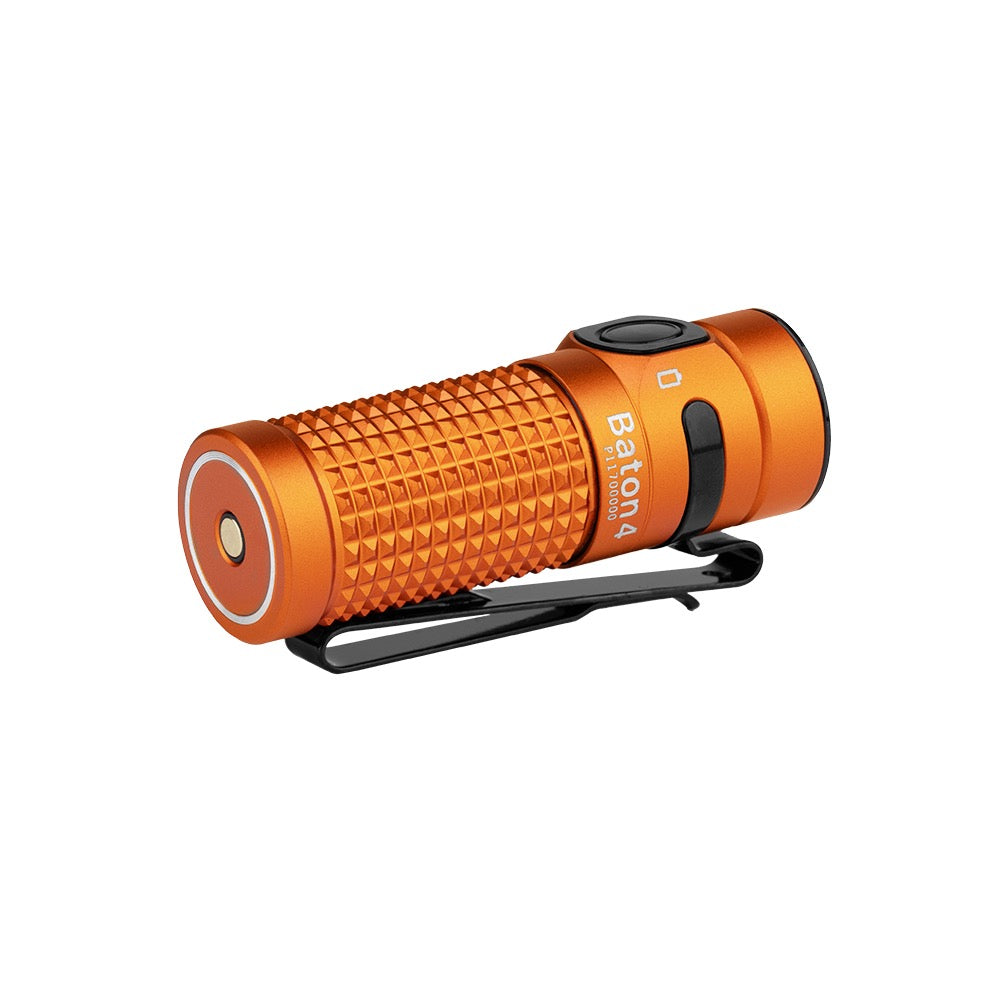 Olight Baton 4 Orange angled rear view showing magnetic charging tailcap and Baton 4 engraving