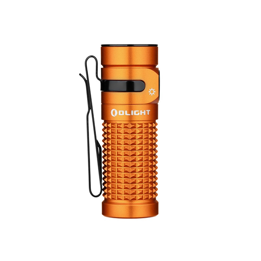 Olight Baton 4 Orange upright side view showing Olight branding, textured body and pocket clip