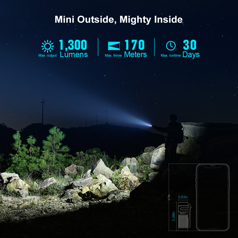 Olight Baton 4 Premium Black 1,300 lumen beam illuminating a rocky outdoor scene