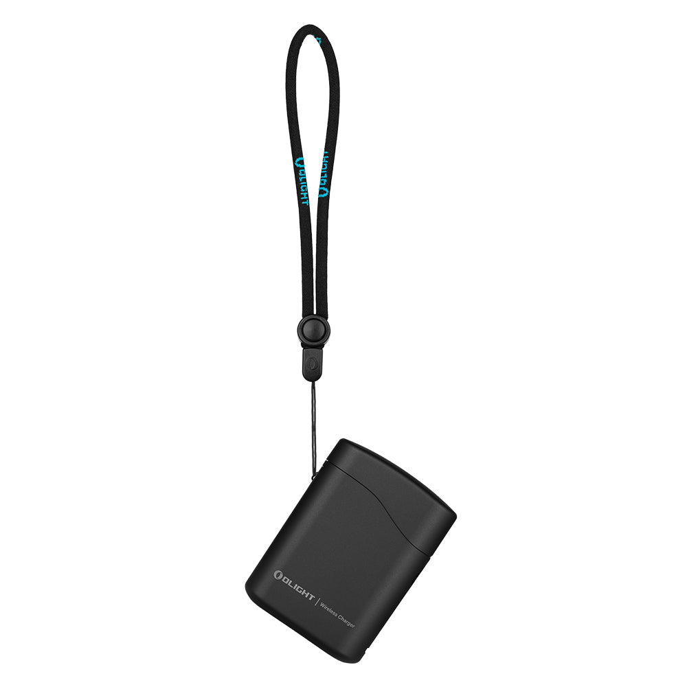 Olight Baton 4 Premium Black wireless charging case hanging from lanyard for portable power