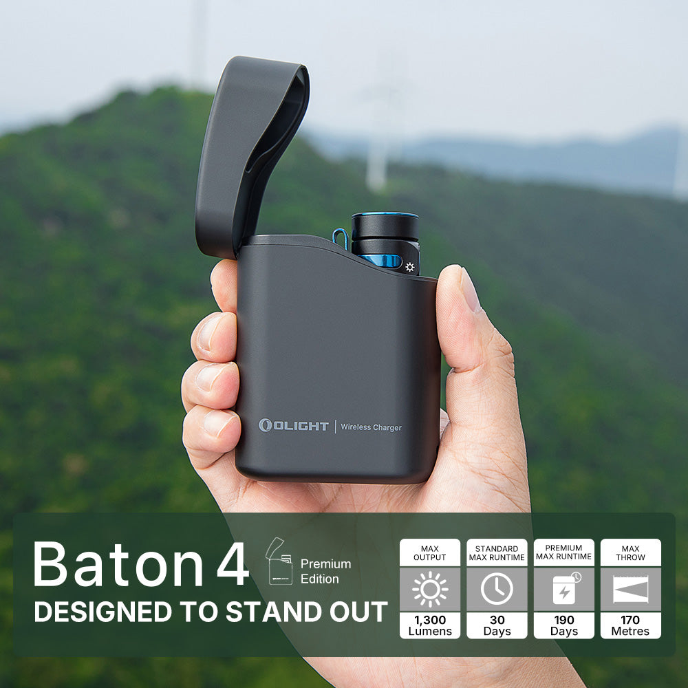 Olight Baton 4 Premium Black wireless charging case open, showing the docked flashlight