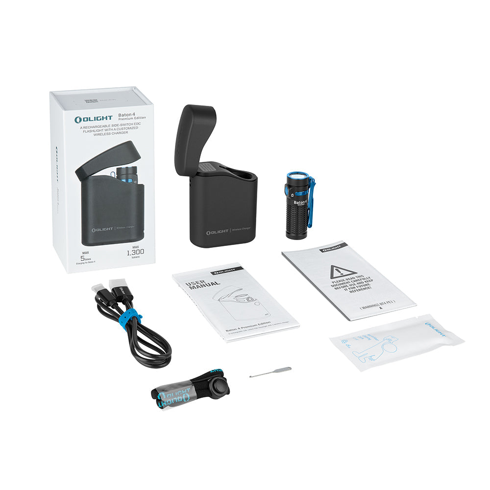 Olight Baton 4 Premium Black kit contents – flashlight, wireless charging case and accessories