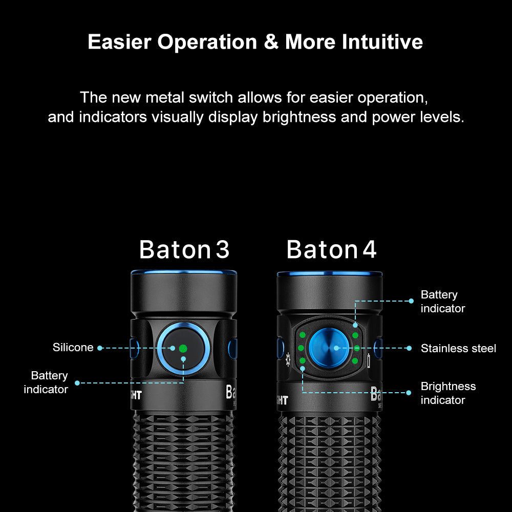 Olight Baton 4 metal switch compared to Baton 3, showing battery and brightness indicators