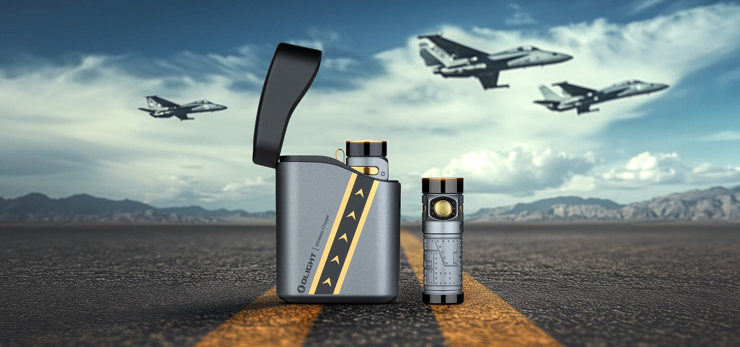 Olight Baton 4 Premium Fighter Pilot flashlight and charging case on a runway with aircraft overhead